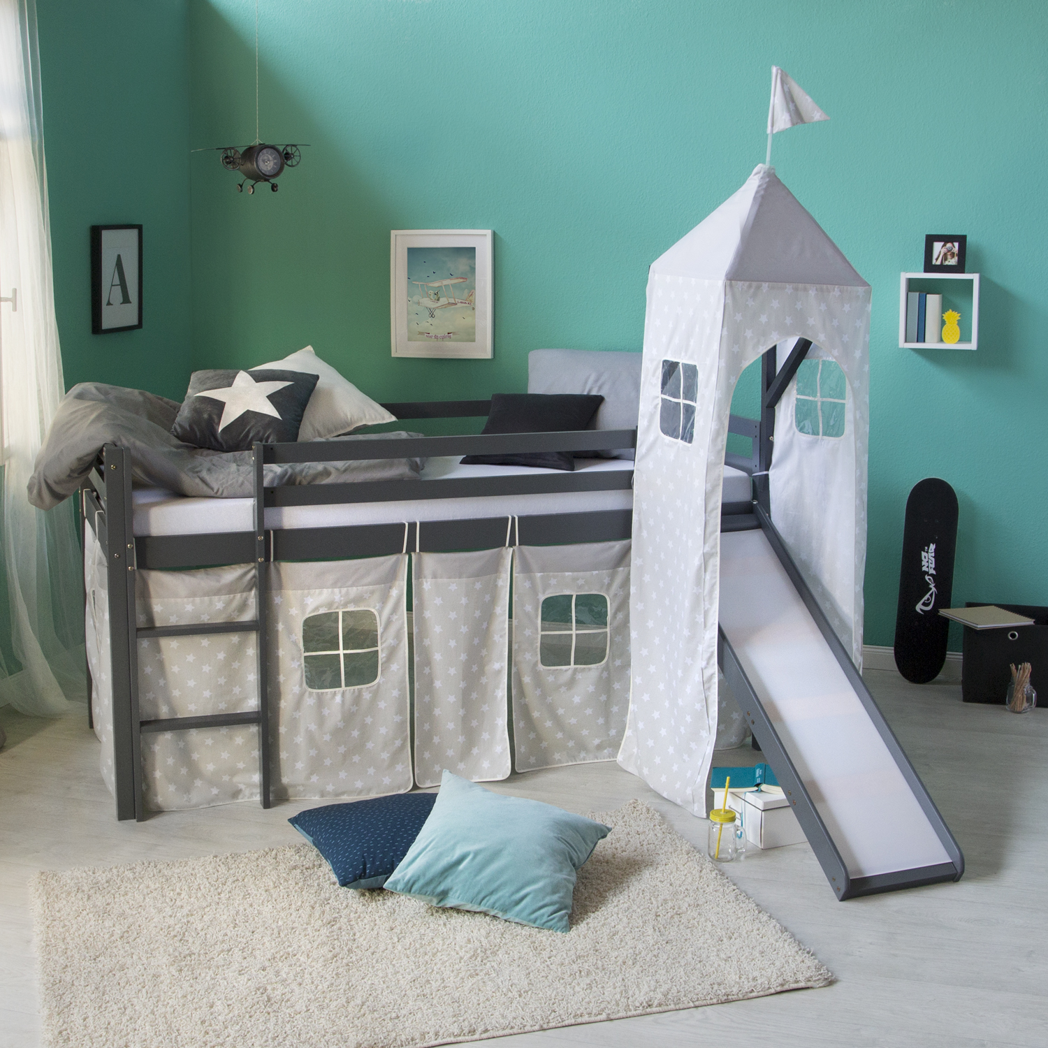 Children's Loft Bed 90x200 cm, Gray with Star-Printed Curtain | Slide | Tower | With Slatted Base | Includes Mattress