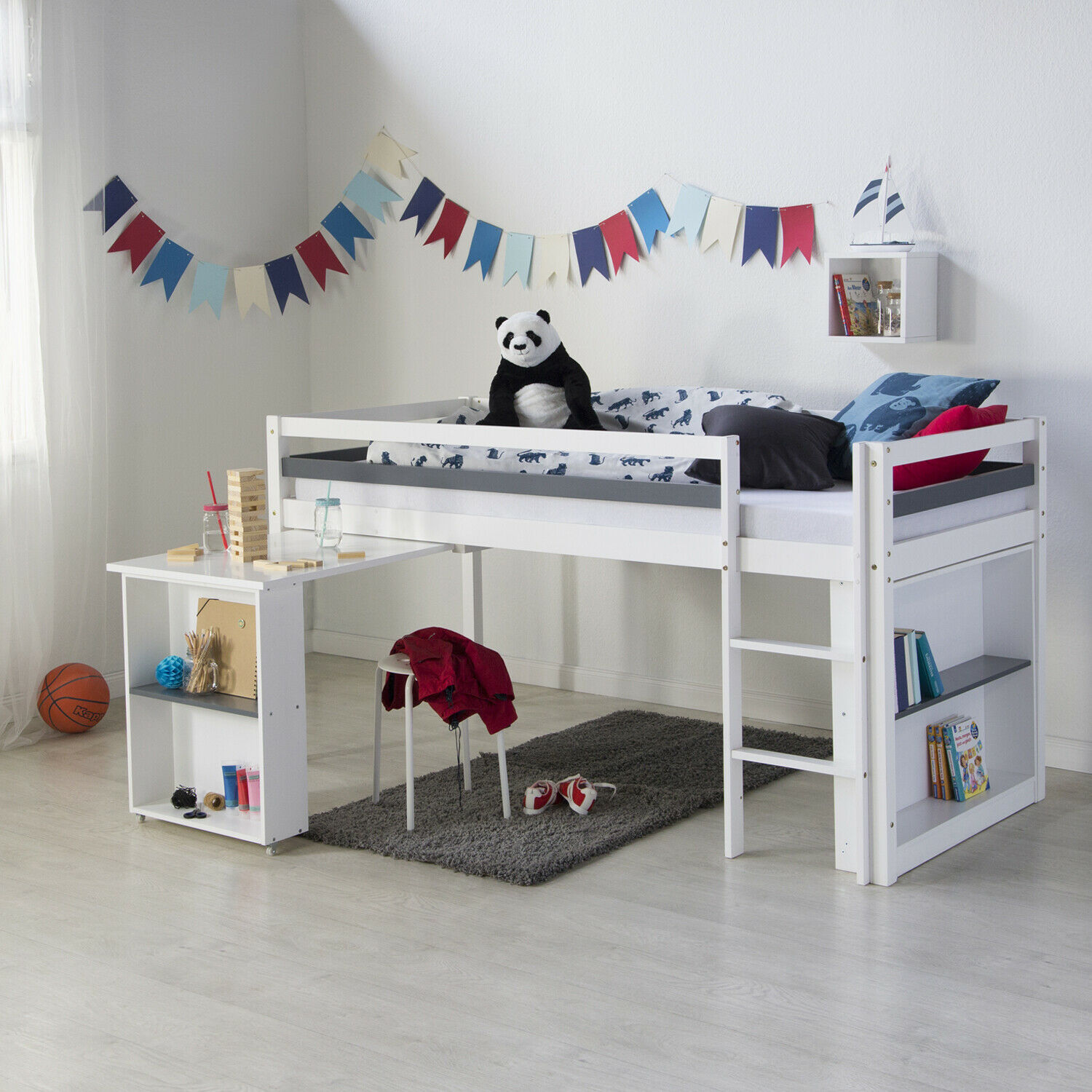 Loft Bed Kids 90x200 cm White with Desk | with Shelf | with Slatted Frame Loft Bed Kids 90x200 cm White with Desk | with Shelf | with Slatted Frame