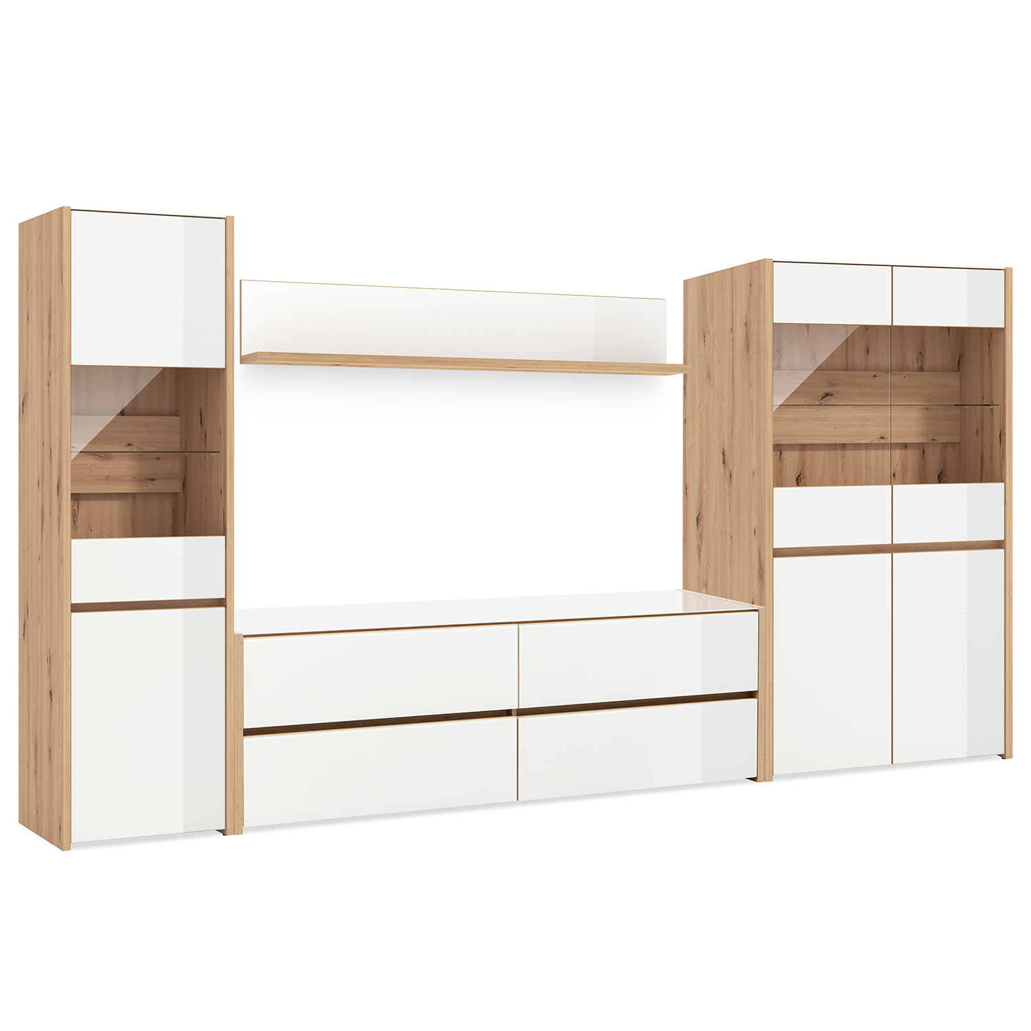 Modern Living Room Unit Cupboard Set Wall Unit Wood Oak White Glass TV Set with Storage Entertainment Center