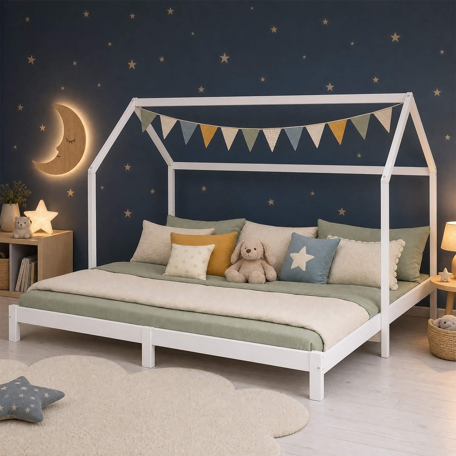 Children's Bed with Pull Out Bed 2 Mattresses 90x200 cm House Bed Treehouse Bed Children's Single Bed Wooden Frame White Trundle Bed Slats
