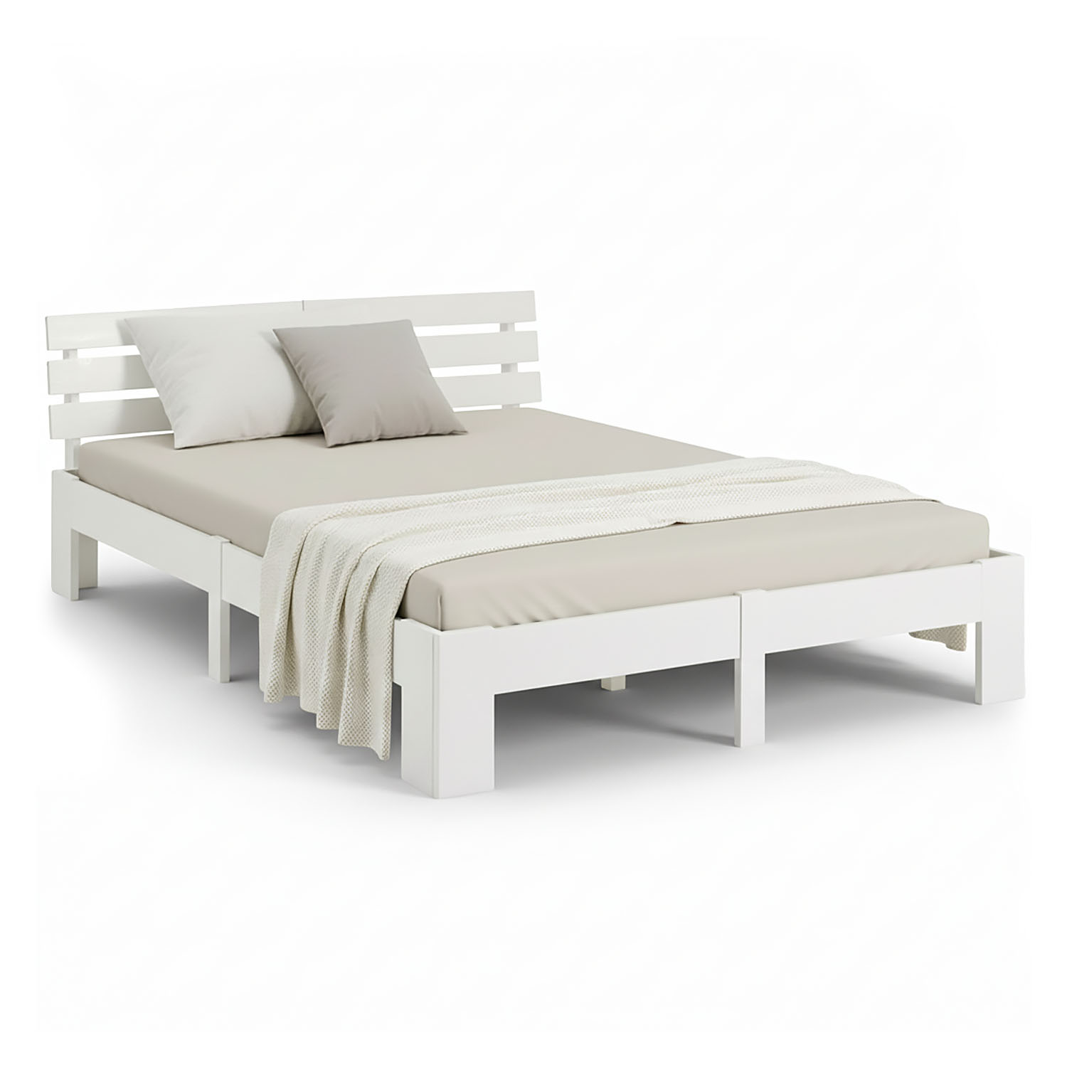 Wood Bed 140x200 cm White | Double Bed | with Spring Mattress | Solid | Youth Guest Bedroom