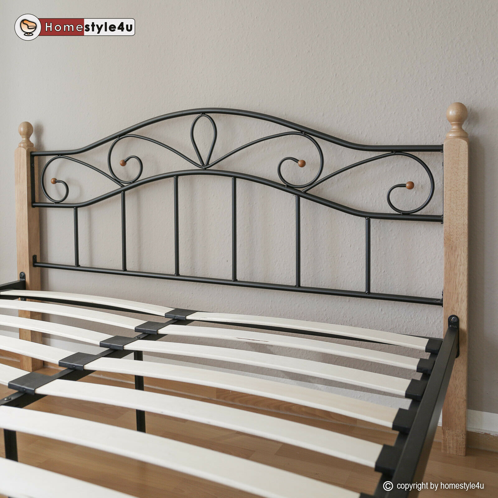 Metal Bed Iron Bed Double 160 x 200 Wood Slatted black natural bed frame 920 Metal Bed Iron Bed Double 160 x 200 Wood Slatted black natural bed frame 920