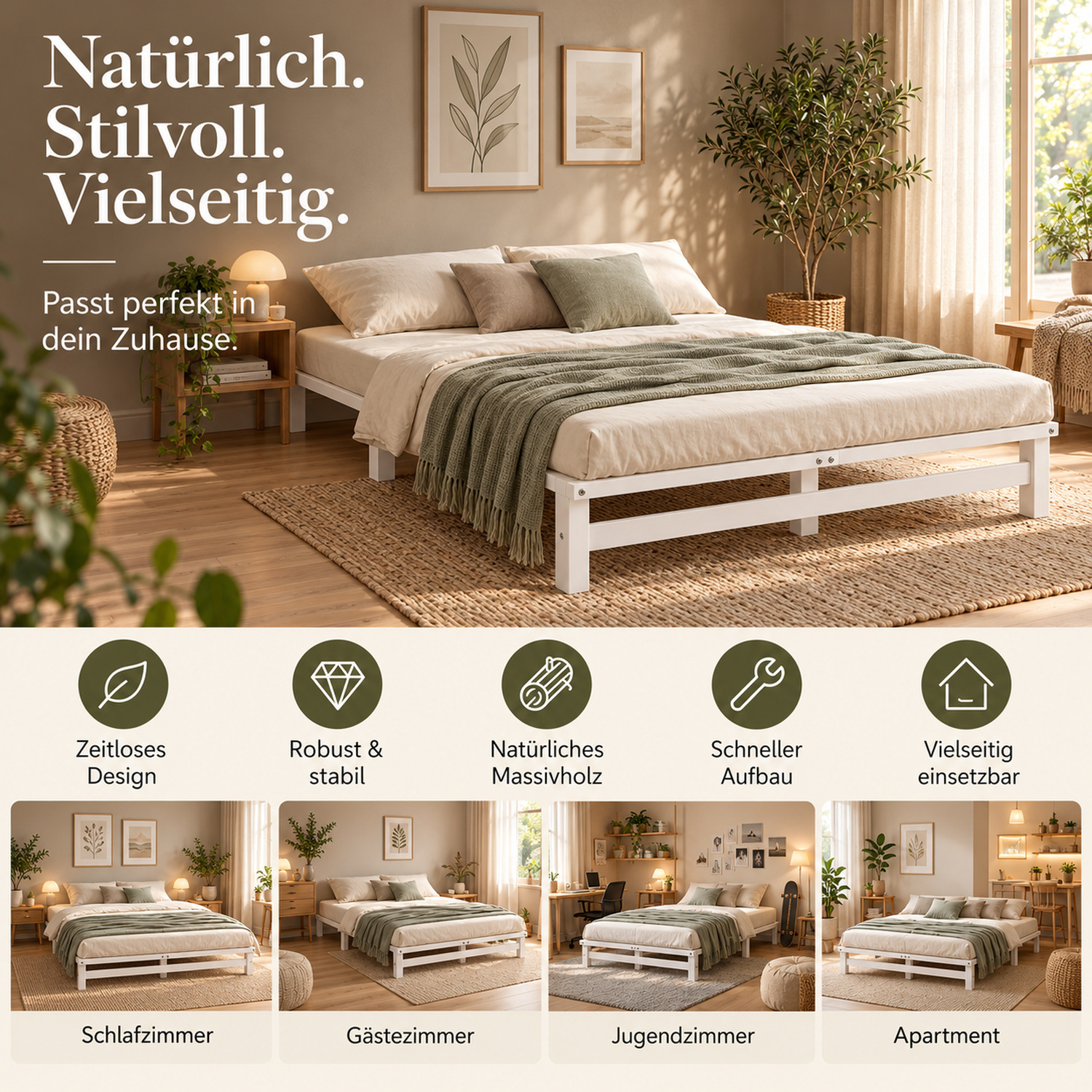 160x200 cm White Pallet Bed – Wooden Double Bed with 2 Mattress & Slatted Base for Teen Rooms, Guest Rooms, and Bedrooms