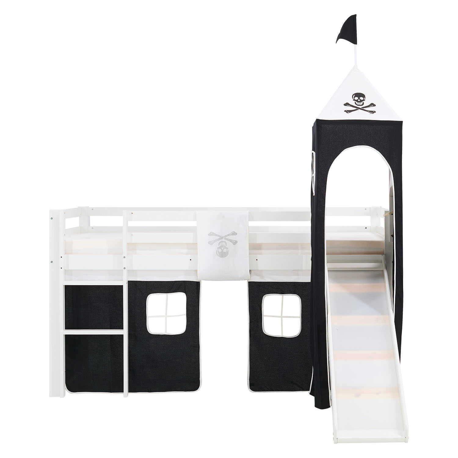 Children's Loft Bed 90x200 cm, White with Black Curtain | Tower | Slide | Without Slatted Base