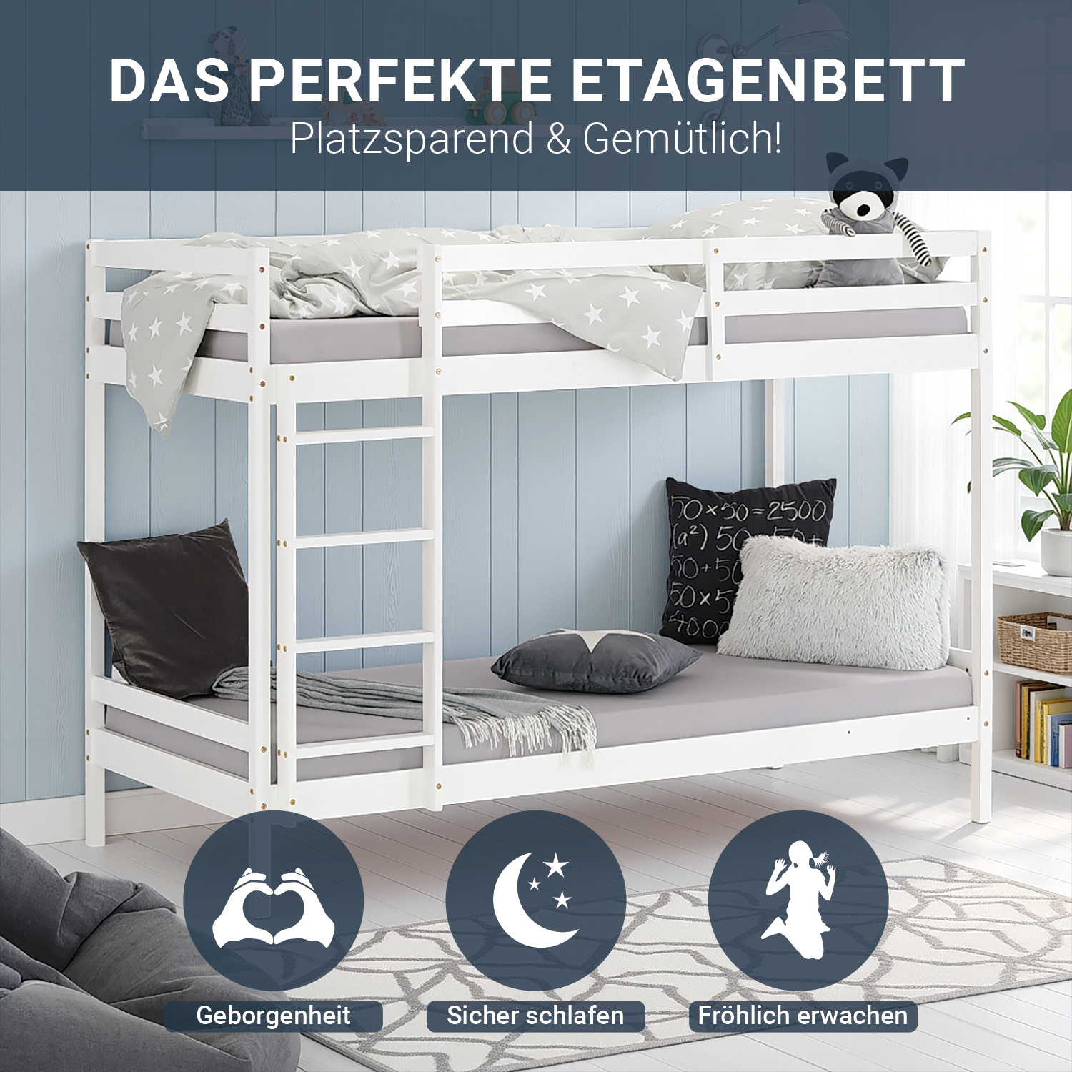 Bunk bed with 2 matresses Children bed 90x200 cm wooden Kids bed High sleeper White Slats