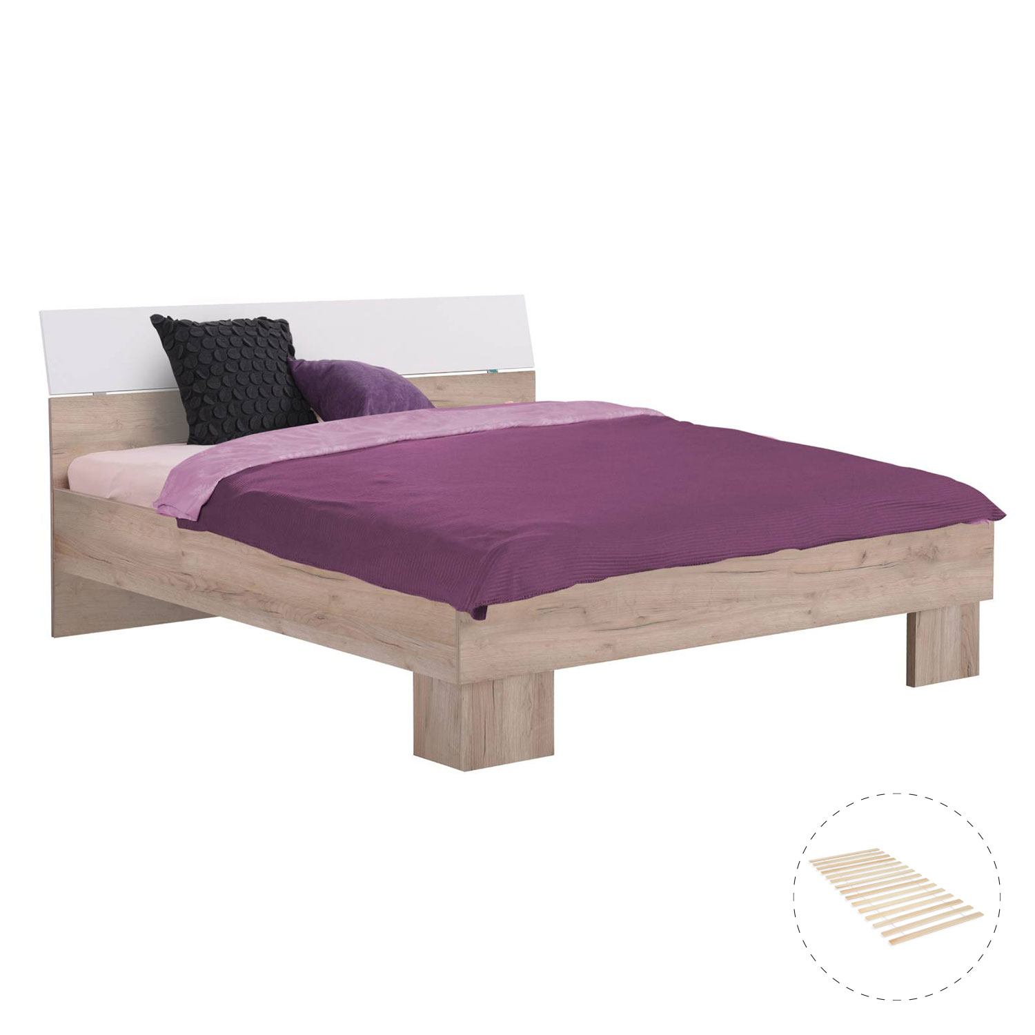 Holzbett in Grau mit Oberflächen in Eichenoptik und Lattenrost. Das Bett ist mit Matratze und Bettwäsche auf weißem Hintergrund abgebildet. Kopfteil, Bettrahmen und Untergestell sind sichtbar; ein kleines Detailbild ist unten eingeblendet.