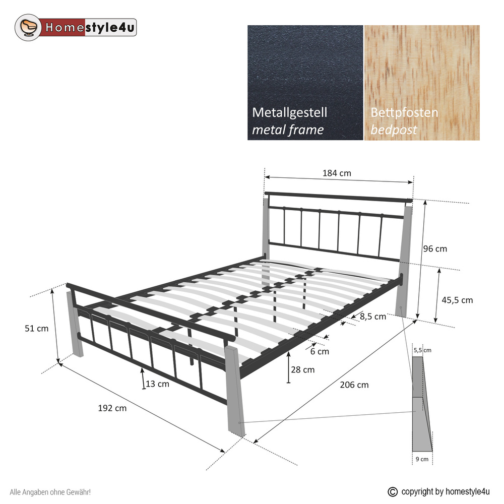 Metal Bed Iron Bed Double 180 x 200 Wood Slatted black natural bed frame 5072