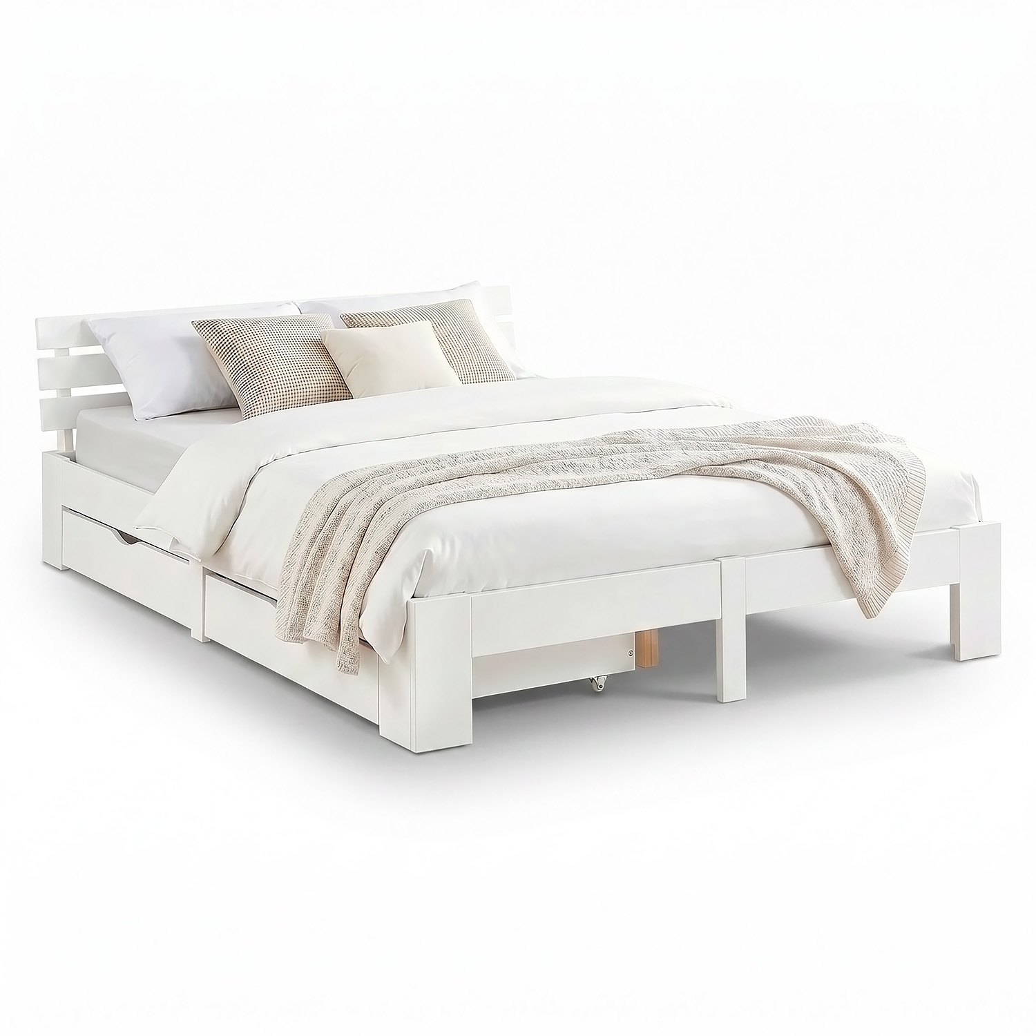Wood Bed 180x200 cm White | Double Bed with Storage Drawers | with Slatted Frame | Solid | Kids Youth Guest Bedroom