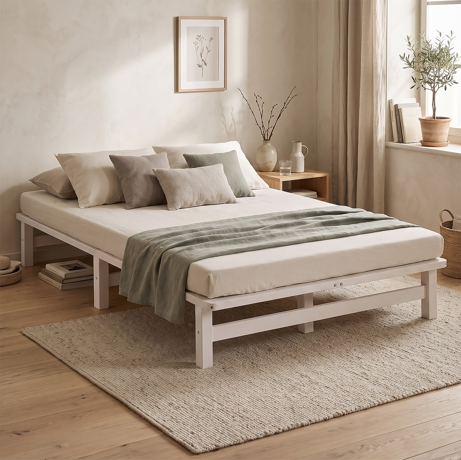 120x200 cm White Pallet Bed – Wooden Double Bed with Mattress & Slatted Base for Teen Rooms, Guest Rooms, and Bedrooms