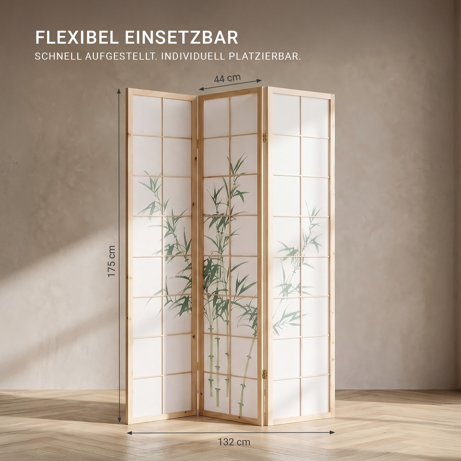 3-Panel Natural Screen – Shoji Room Divider with Bamboo Motif, Made of Wood and Rice Paper