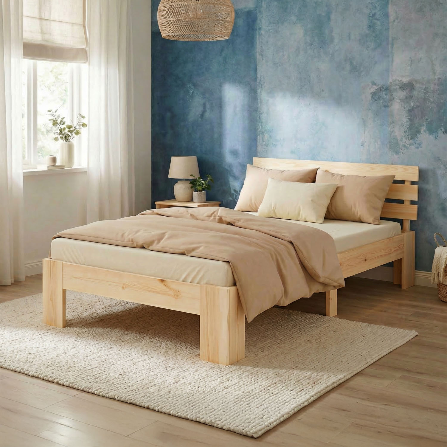 Wood Bed 90x200 cm Natural | Single Bed | with Spring Mattress | Solid | Youth Guest Bedroom