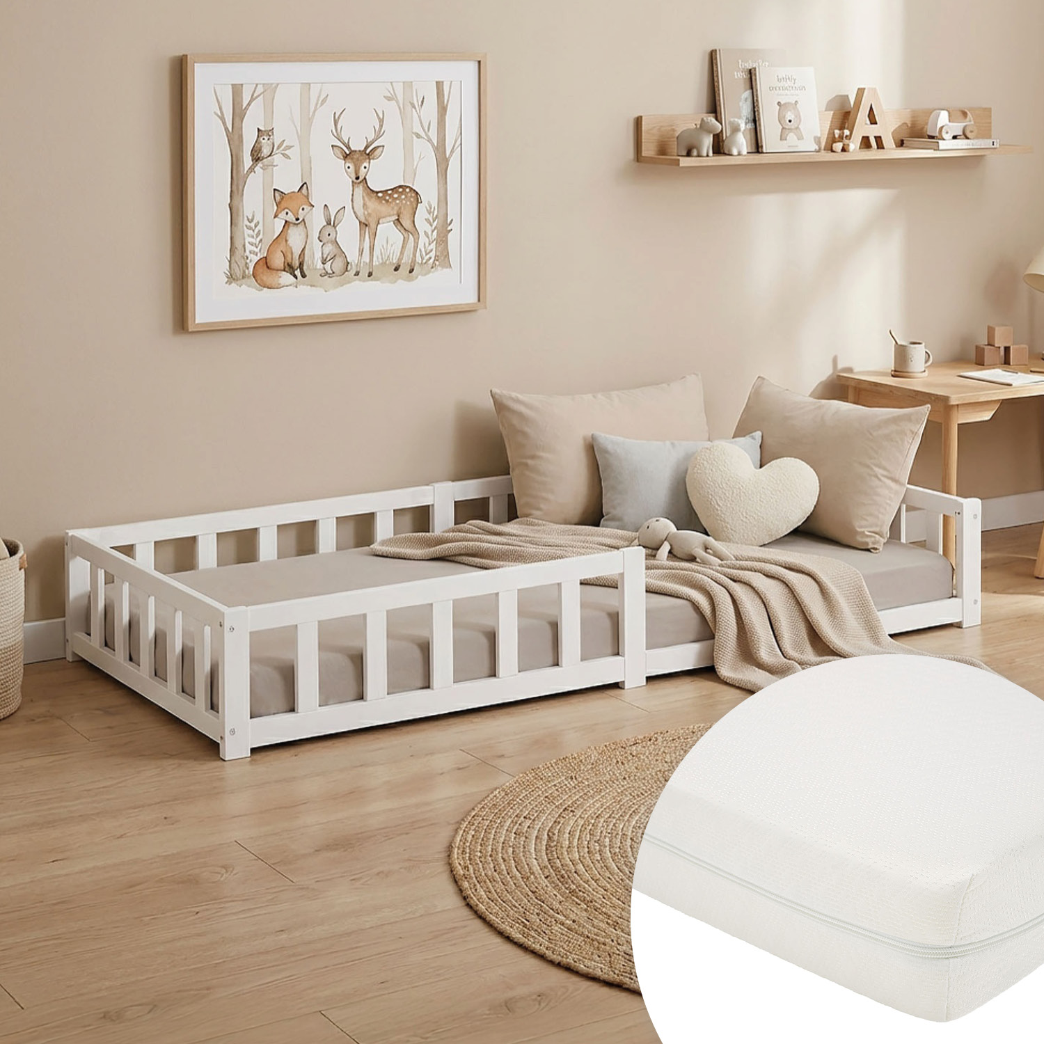 Montessori Crib 90x200 cm White, Includes Mattress & Slatted Base – Floor-Level Crib with Safety Rail Made of Solid Wood
