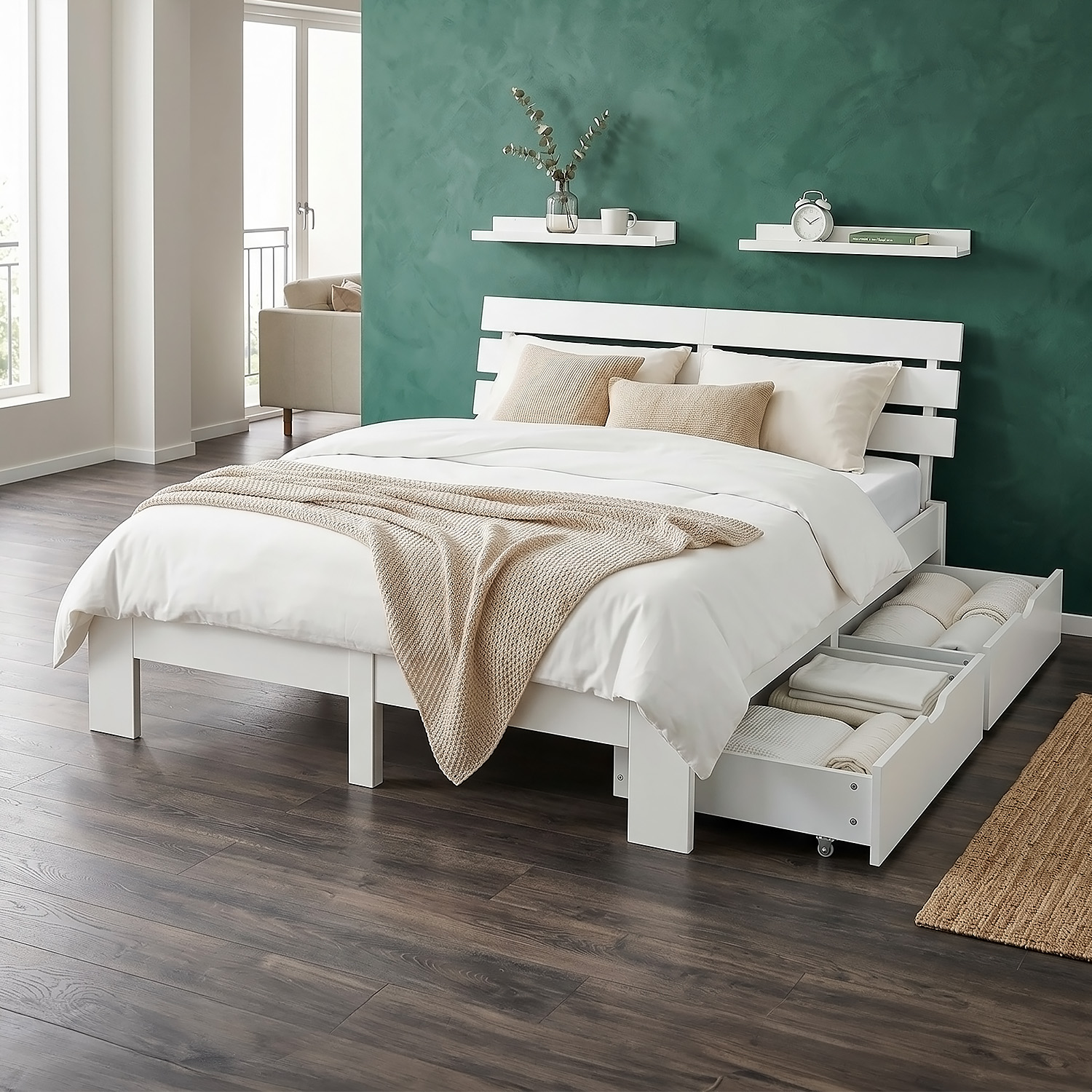 Wood Bed 160x200 cm White | Double Bed with Storage 2 Drawers | with Mattress | Solid | Youth Guest Bedroom