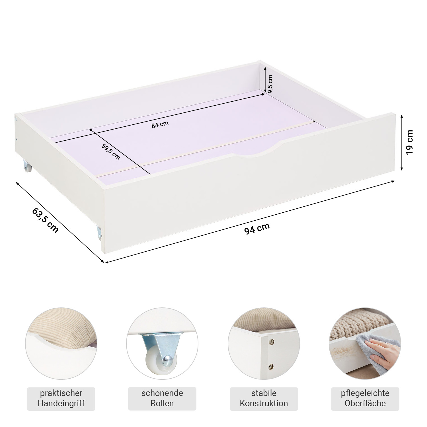 White Wooden Bunk Bed for Kids & Teens, 90x200 cm & 140x200 cm, with 2 Underbed Drawers and 2 Mattresses