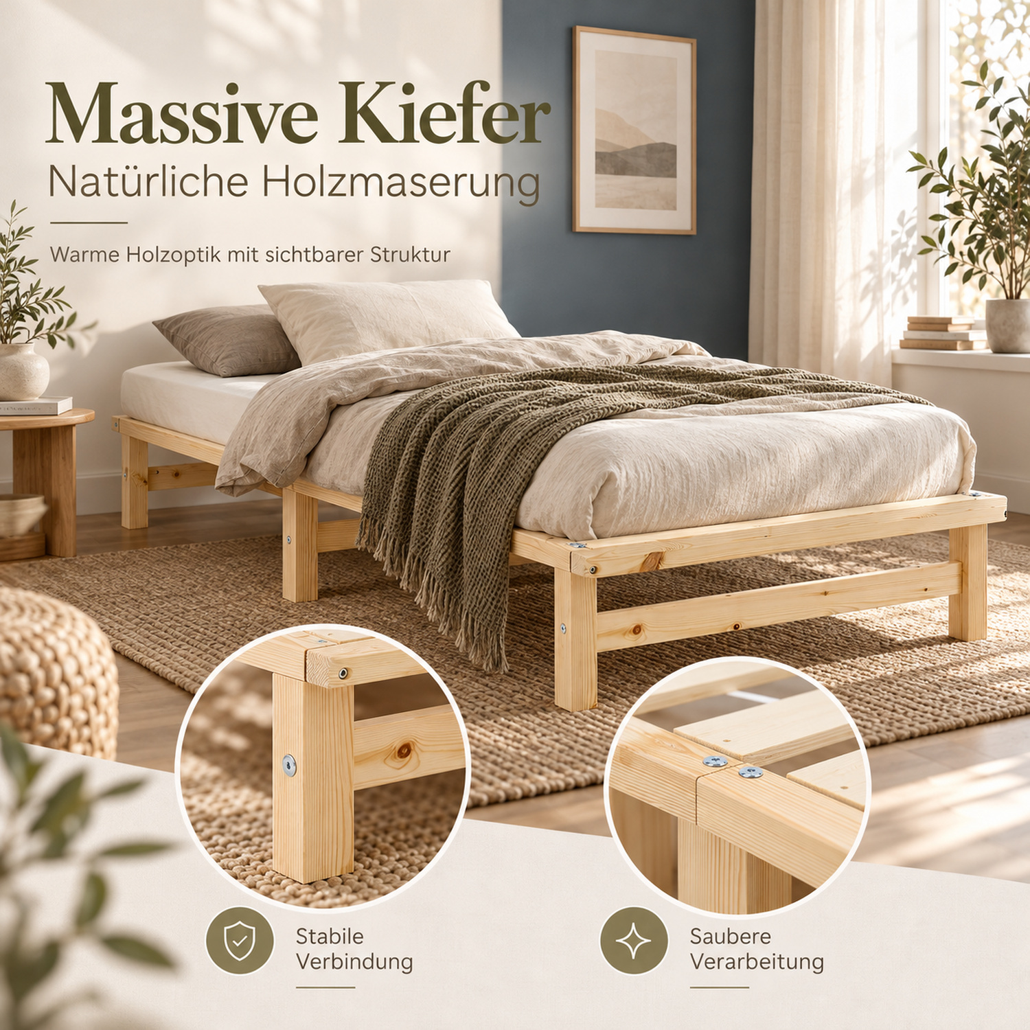 90x200 cm Natural Wooden Pallet Bed – Single Wooden Bed with Mattress & Slatted Base for Teen Rooms, Guest Rooms, and Bedrooms