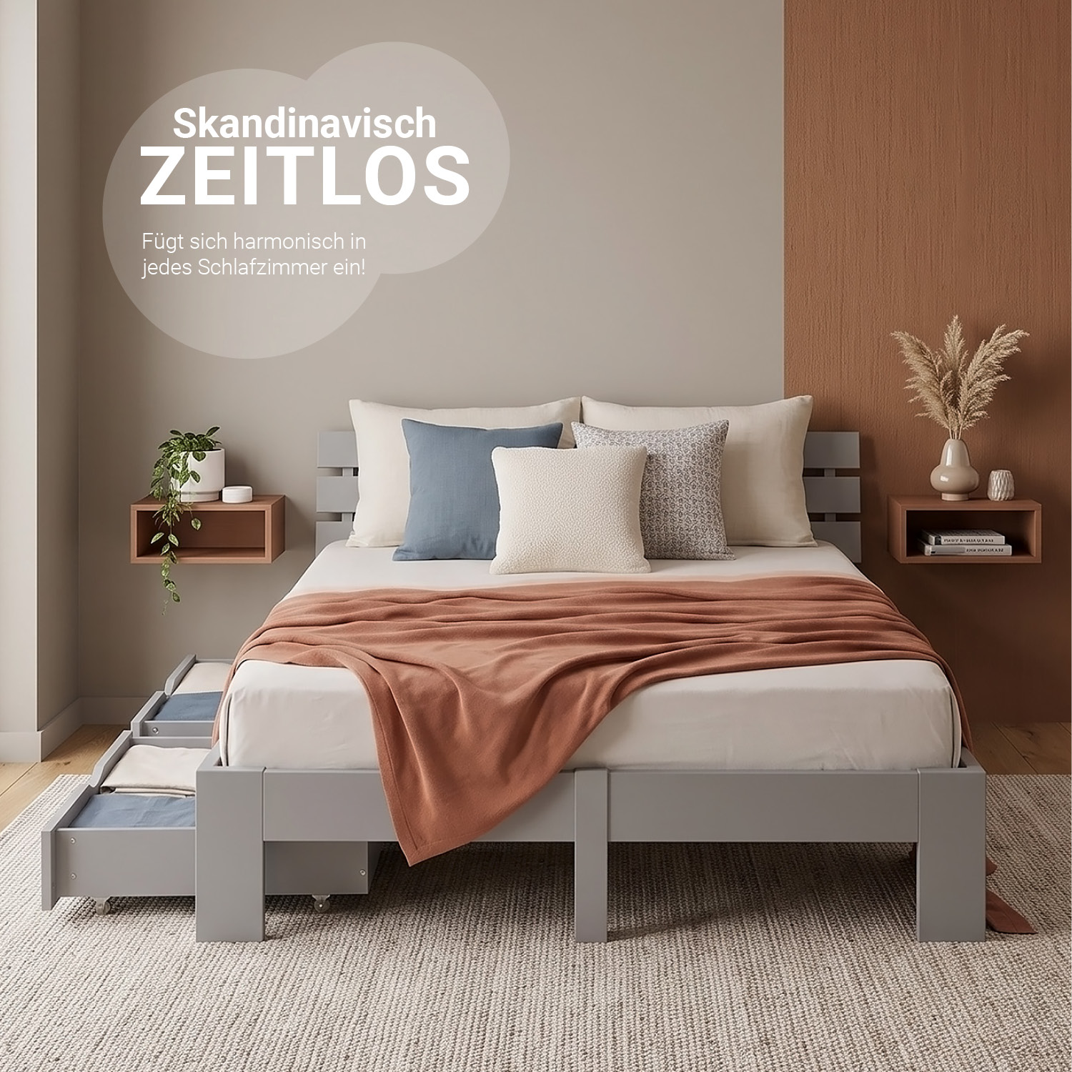 Wooden Bed 140x200 cm, Gray, with Storage Compartment & Slatted Base – Solid Wood Double Bed