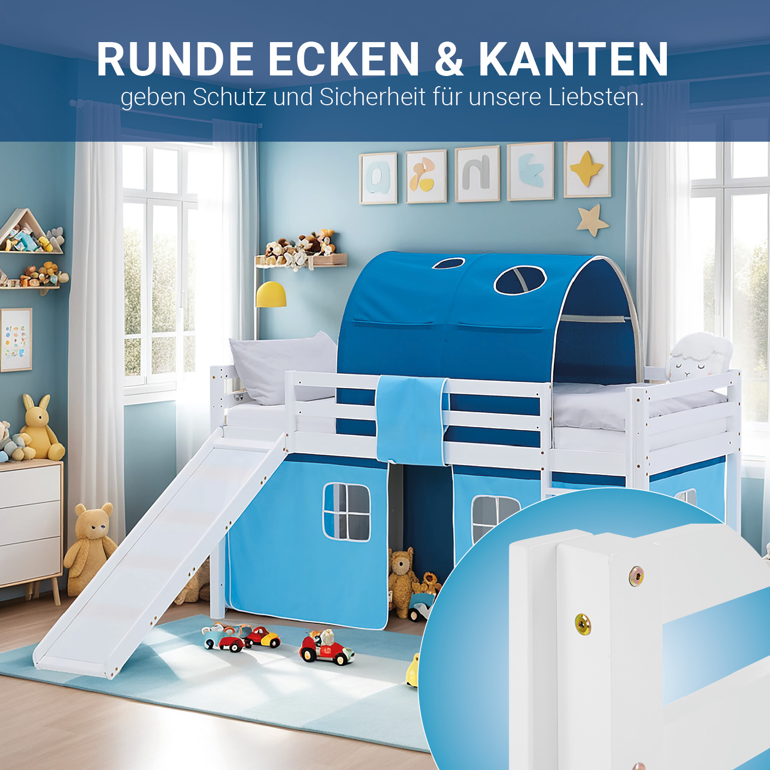 Loft Bed for Kids 90x200 cm White with Curtain & Tunnel in Blue | Slide | with Slatted Frame