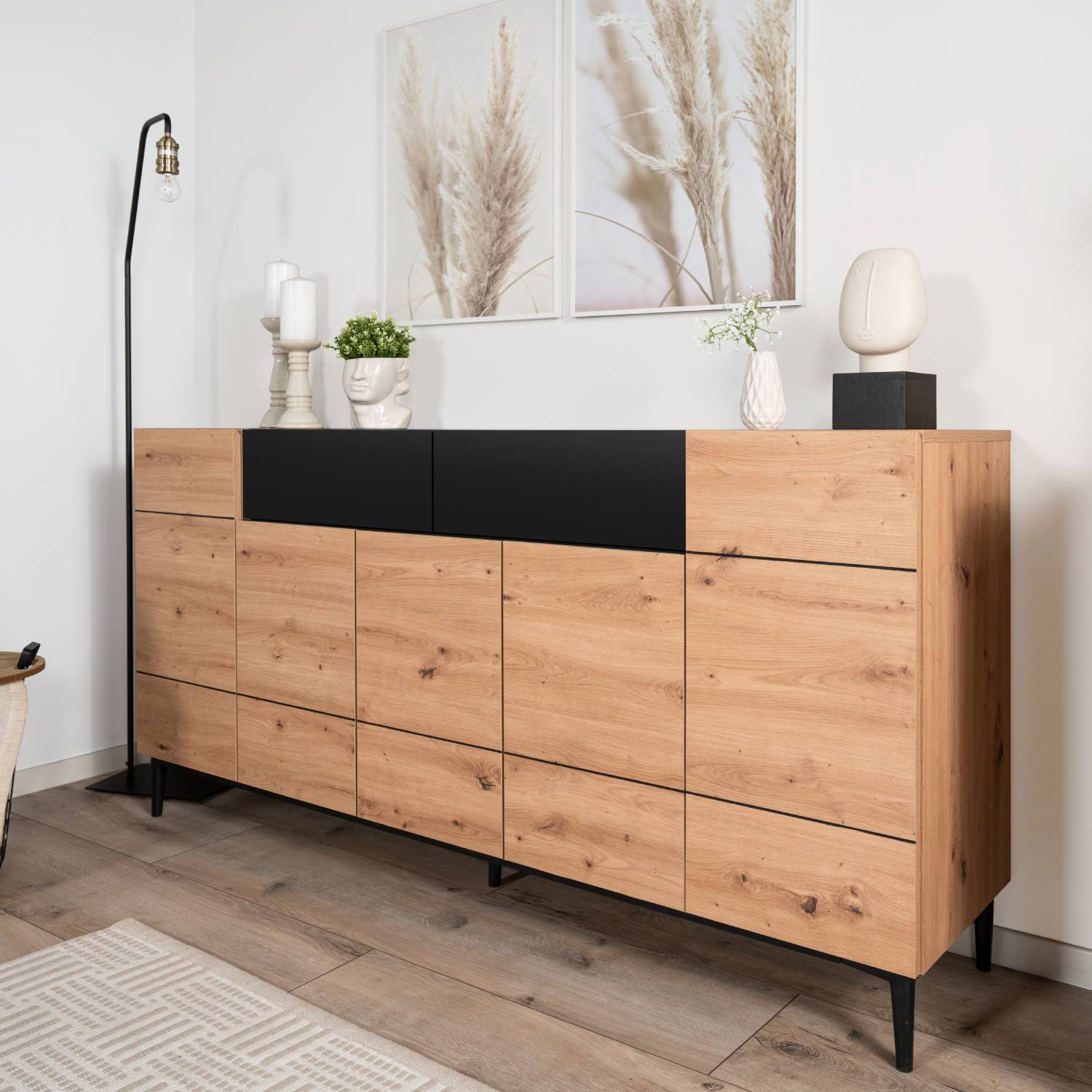 Sideboard Chest of Drawers Oak Wood in Natural Black Living Room Cabinet