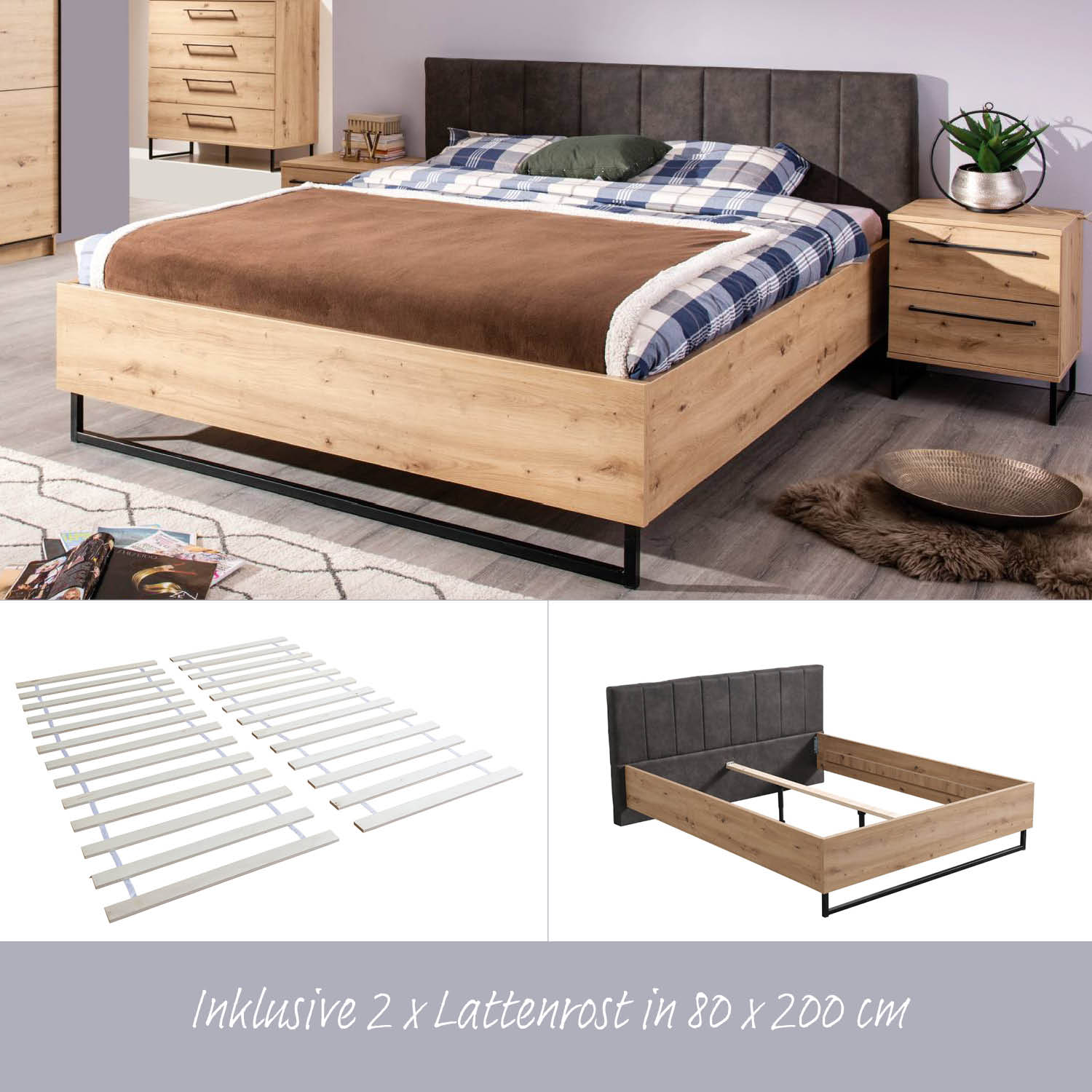 Double Bed Wooden Frame Upholstered Bed 160x200 cm with Slats Grey Fabric Oak Industrial Style