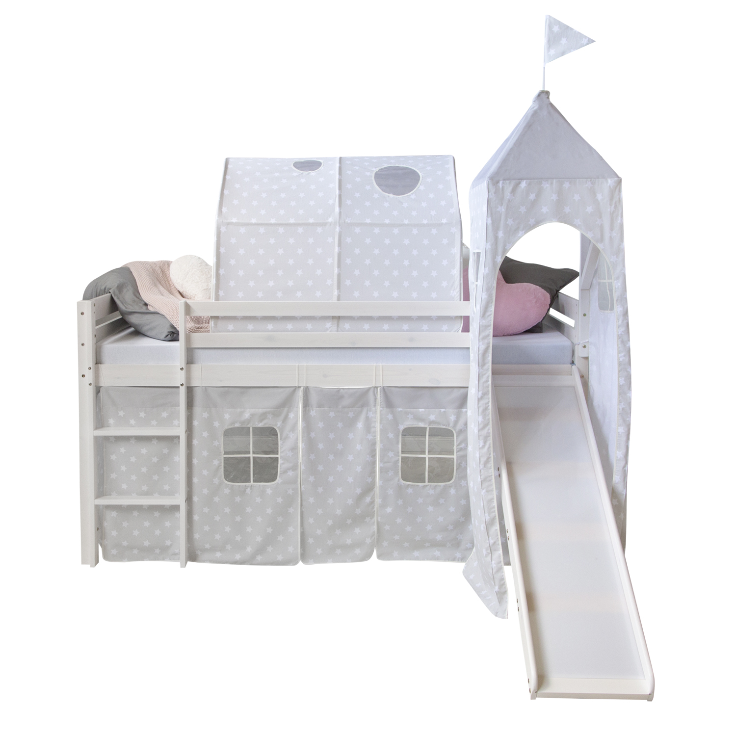Loft Bed Kids 90x200 cm White with Curtain Stars | Tunnel | Tower | Slide | with Slatted Frame