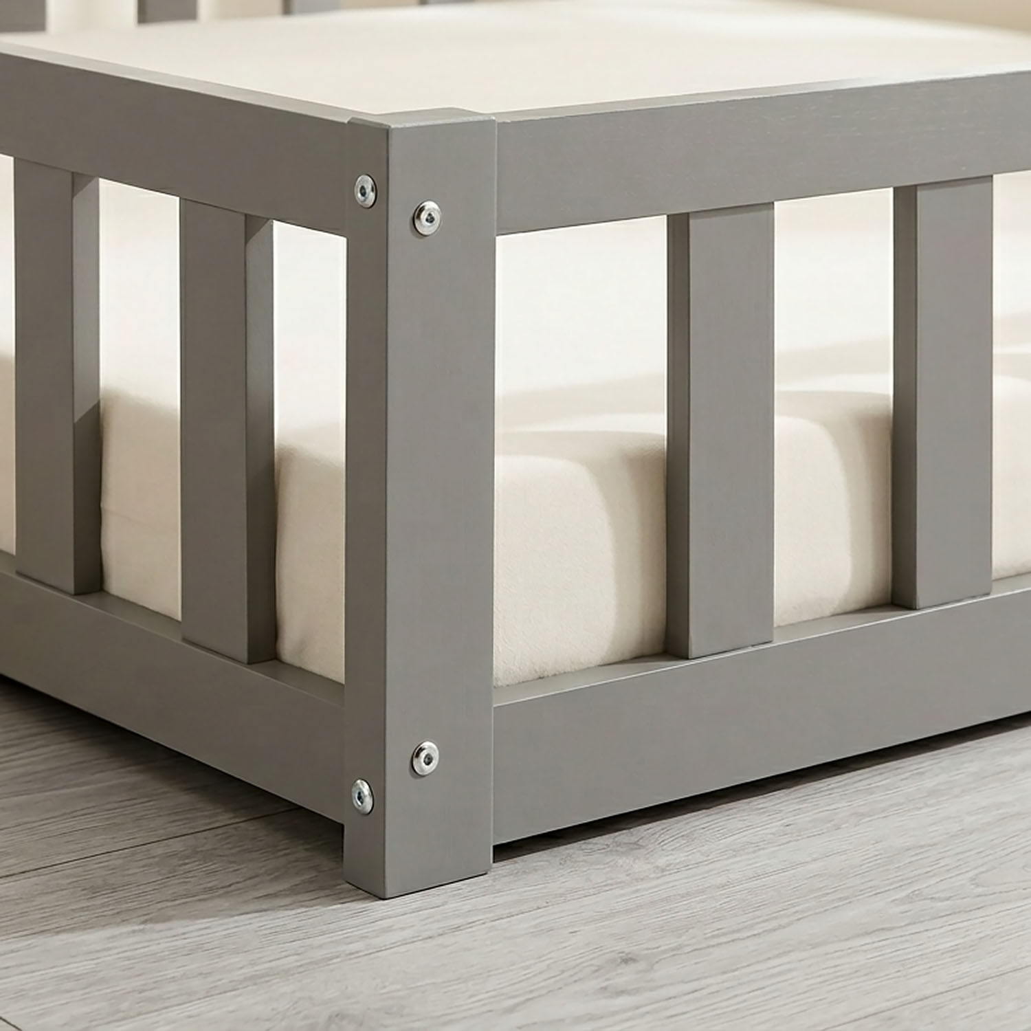 Children's Bed 90x200 Grey | Floor Bed with Slatted Frame | with Fall Protection | Montessori