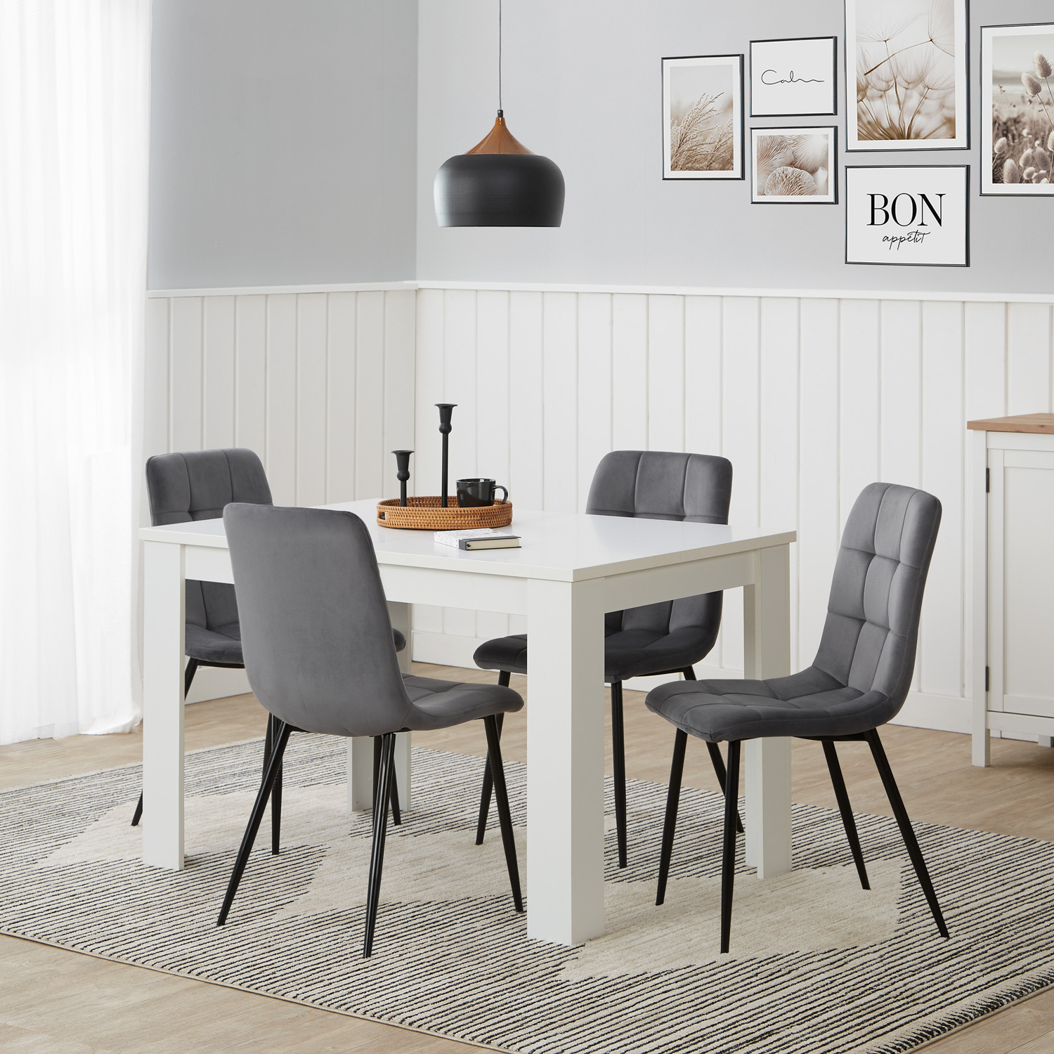 Modern Dining Table White 120x80 cm with 4 Grey Velvet Chairs Dining Room Table Wooden Table
