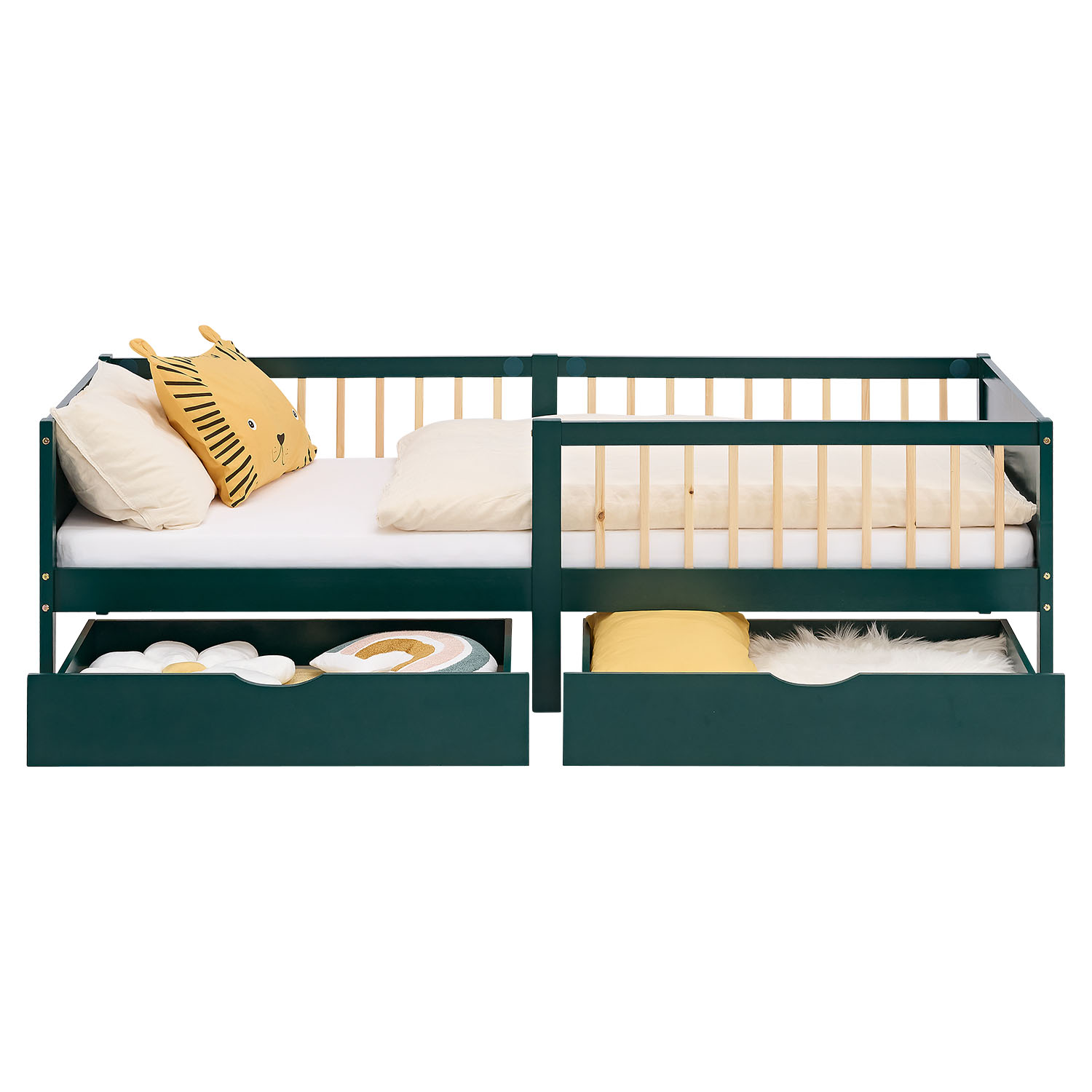Children's Bed 90x200 cm Green | Wooden bed with 2 drawers | Single Bed | with Slatted Frame | Fall Protection