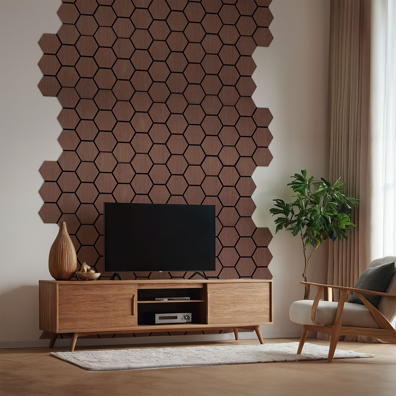 Akustikpaneele in Braun mit Holzelementen und hexagonaler Form. Der Artikel ist freigestellt auf weißem Hintergrund abgebildet. Sichtbare Details sind sechseckige Paneelflächen und dunkle Zwischenräume.