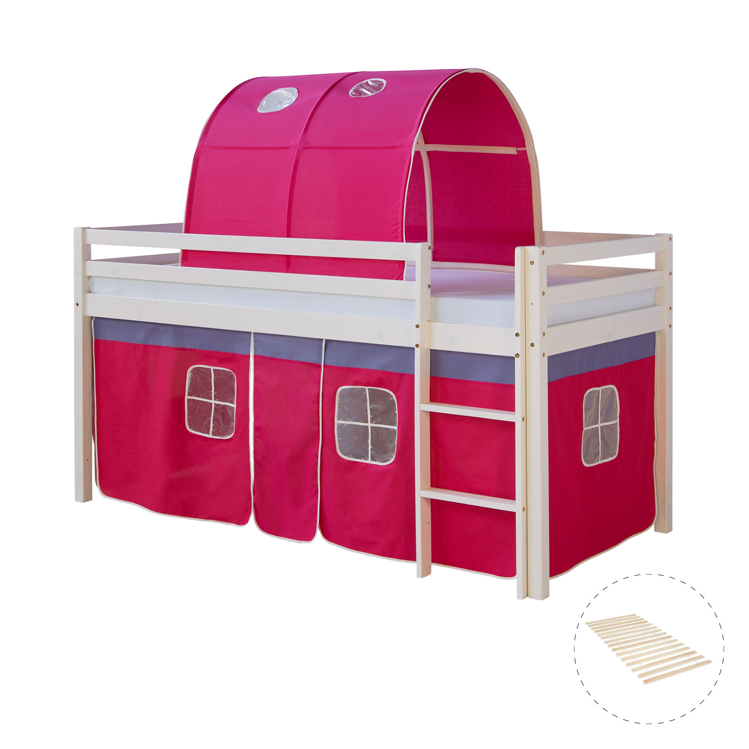 Loft Bed Kids 90x200 cm White with Curtain in Pink | Tunnel | with Slatted Frame
