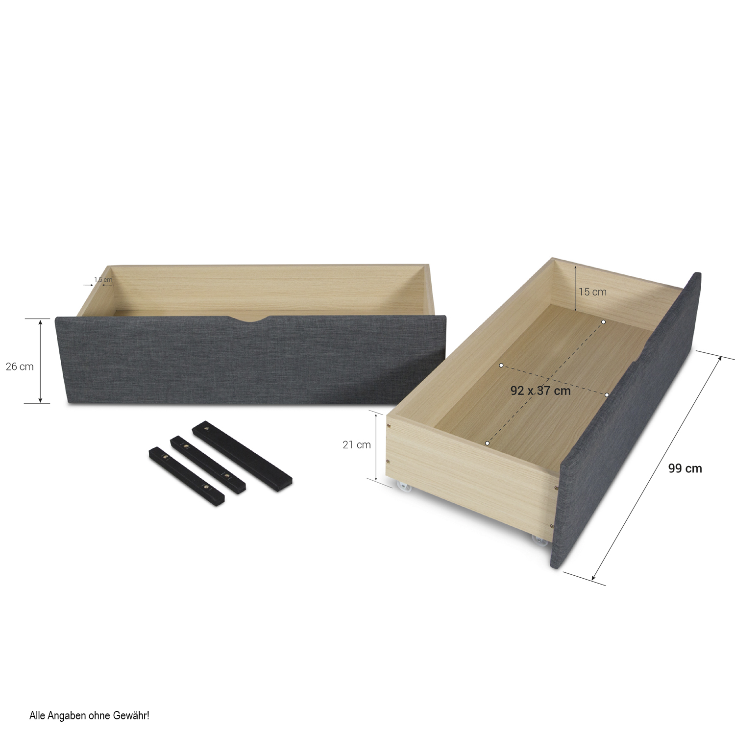 Upholstered bed 140x200 cm grey anthracite | with slatted frame | with 2 bed drawers | double fabric bed frame