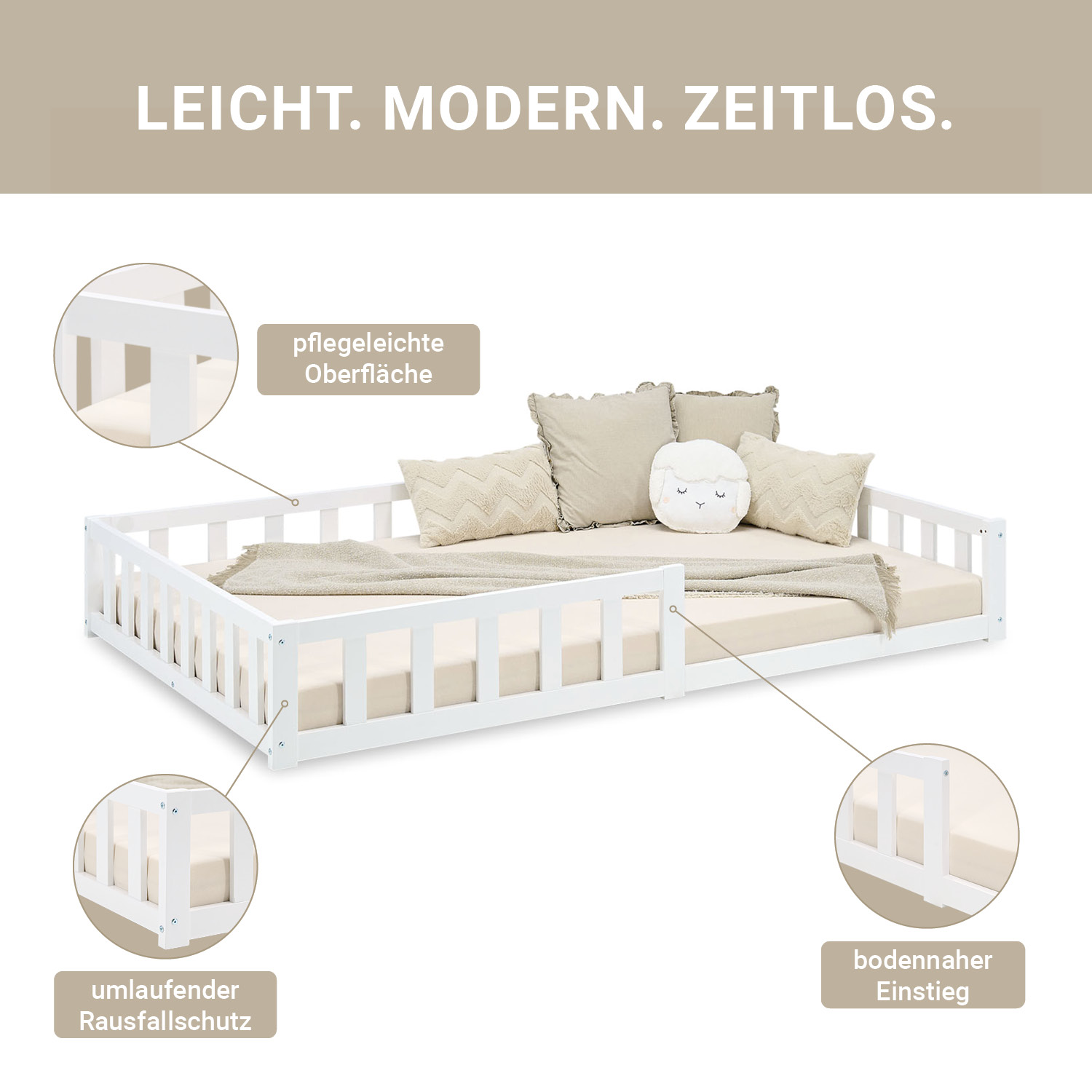 Montessori Crib 120x200 cm White with Safety Rail & Slatted Base – Solid Wood Crib
