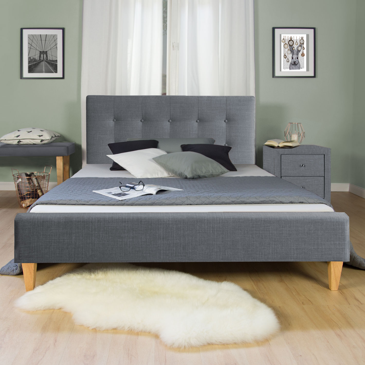 Upholstered Bed Frame Double Bed 160x200 Grey Platform Bed Fabric Headboard