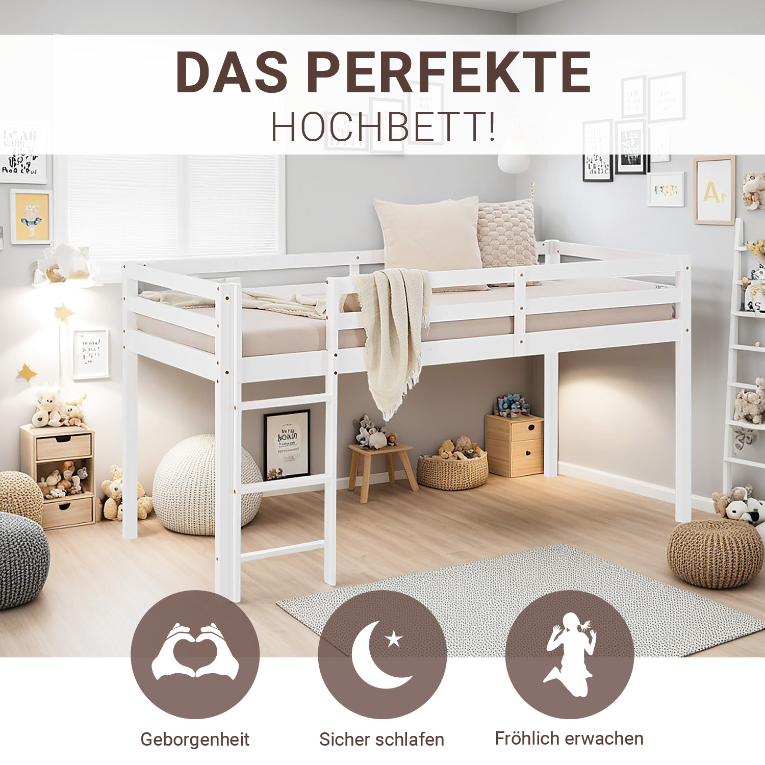 Loft bed with mattress and slatted frame, 90x200 cm, children's bed, white, solid wood