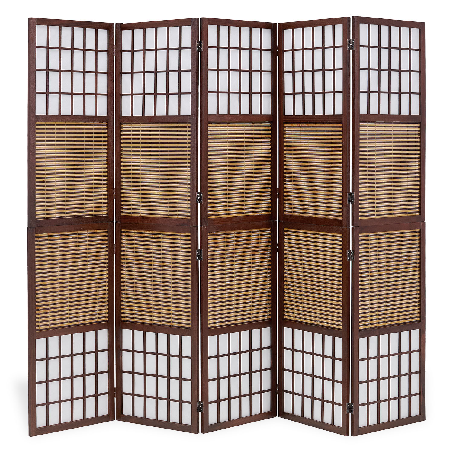 Brown 5-panel folding screen – room divider with bamboo and shoji rice paper