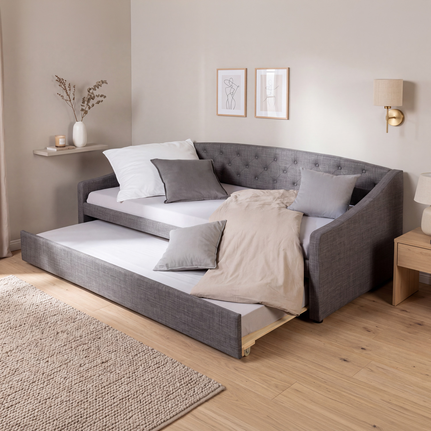 Upholstered Bed 90x200 cm Gray with Storage – Daybed & Pull-Out Guest Bed