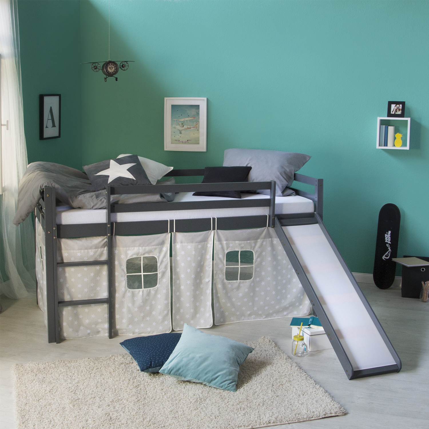 Loftbed with Slide 90x200 cm Matelas Grey Bunk bed Childrens bed Solid Pine Wood Curtain Stars Slats