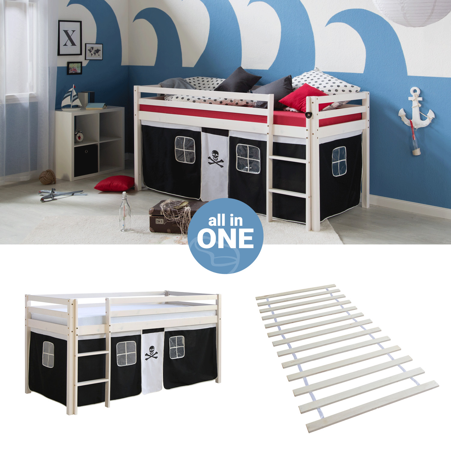 Loft Bed Kids 90x200 cm White with Curtain in Black | with Slatted Frame