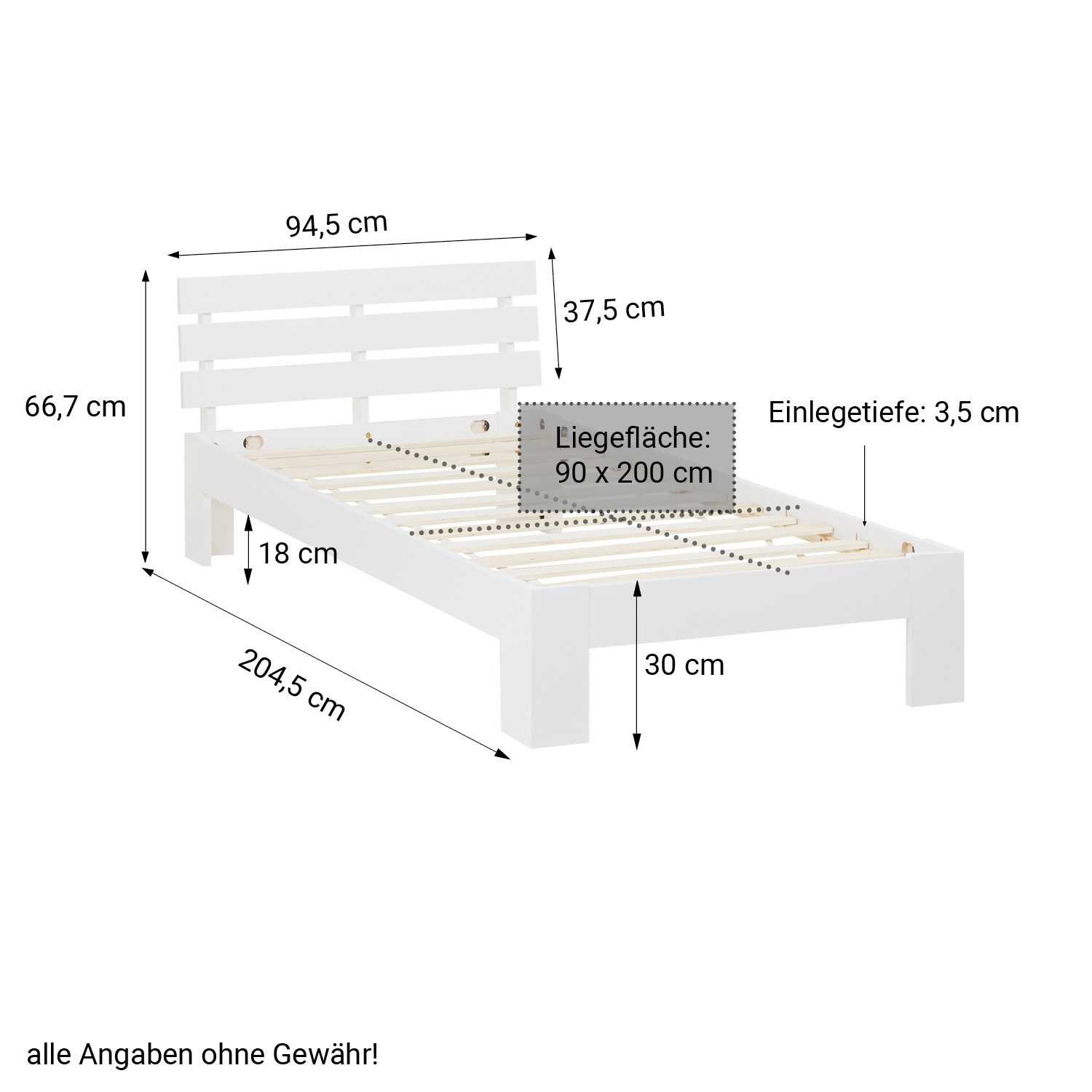 Einzelbett Holzbett 90x200 mit Lattenrost Weiß Kiefer Bett Bettgestell Massivholz