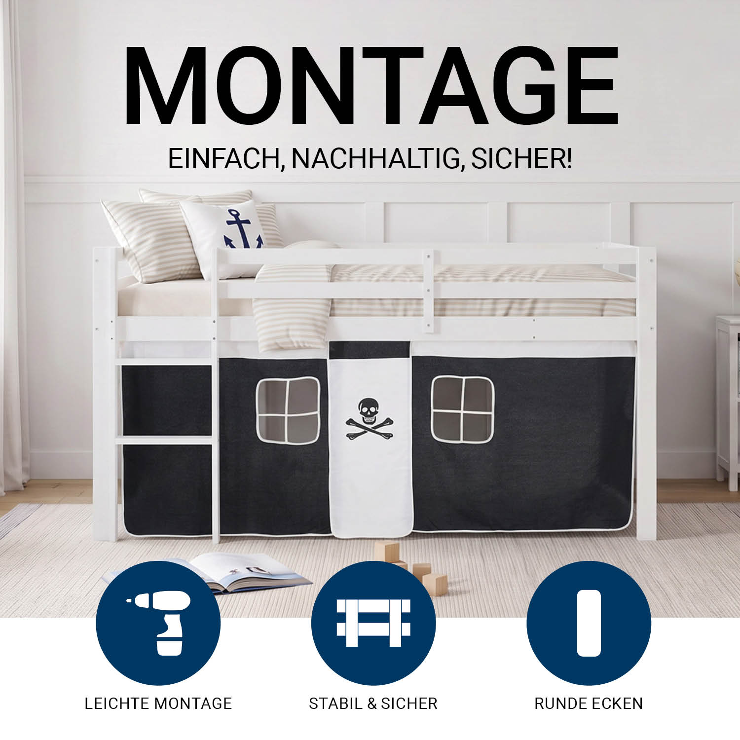 Children's loft bed, 90x200 cm, white with black curtain | includes slatted base