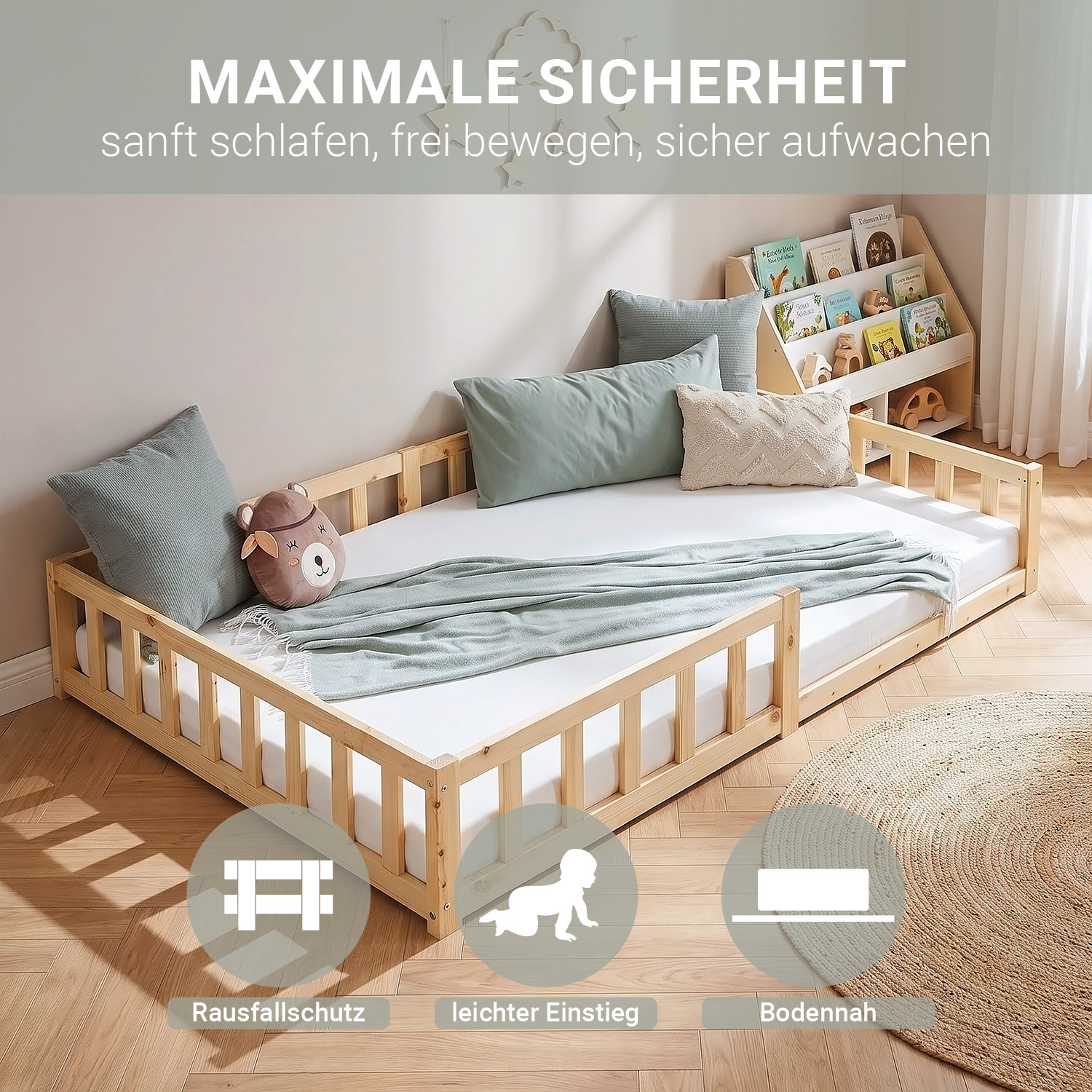 Montessori Crib 120x200 cm Natural, Includes Mattress & Slatted Base – Floor-Level Crib with Safety Rails Made of Solid Wood