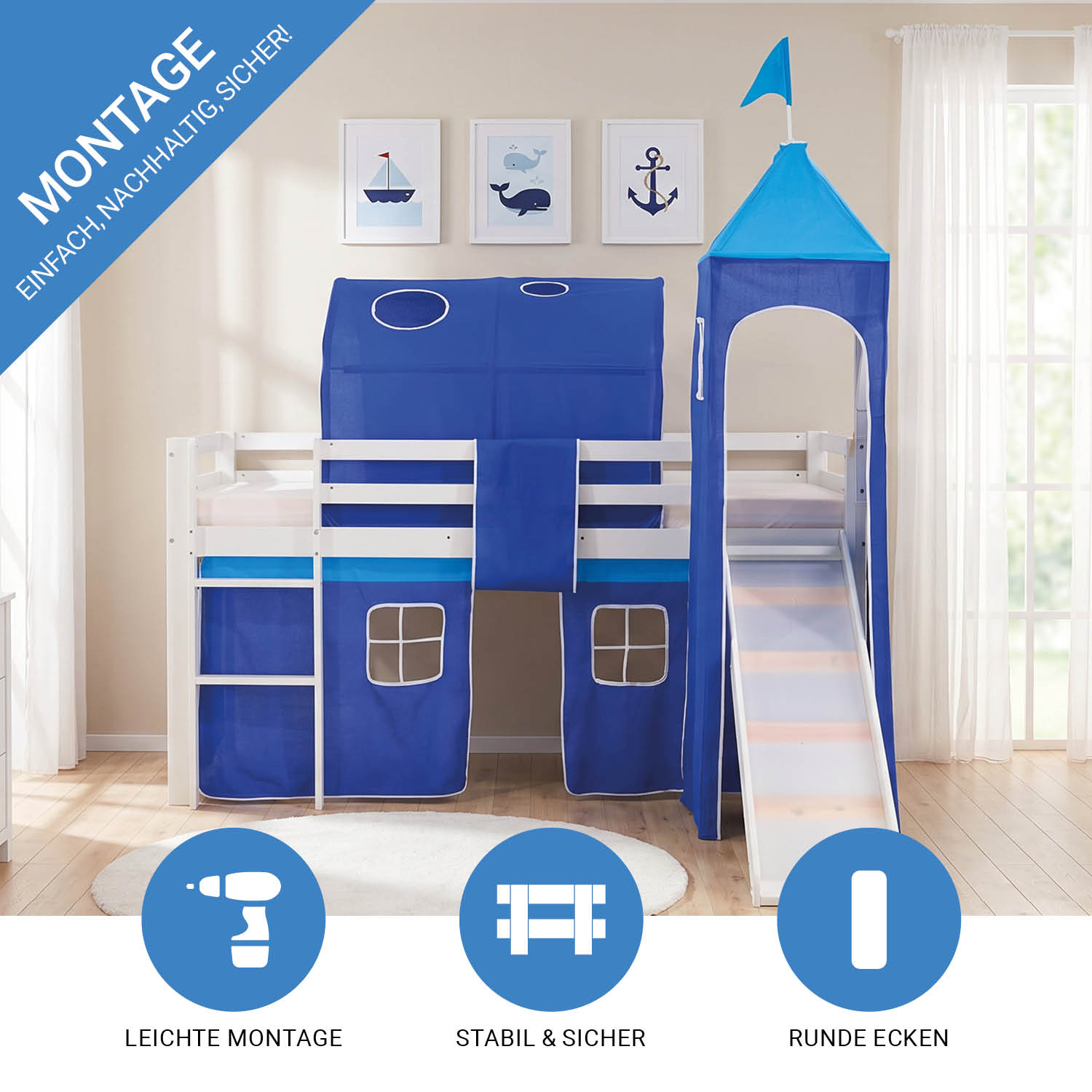 Children's Loft Bed 90x200 cm White with Blue Curtain | Slide | Tower | Tunnel | With Slatted Base | With Mattress