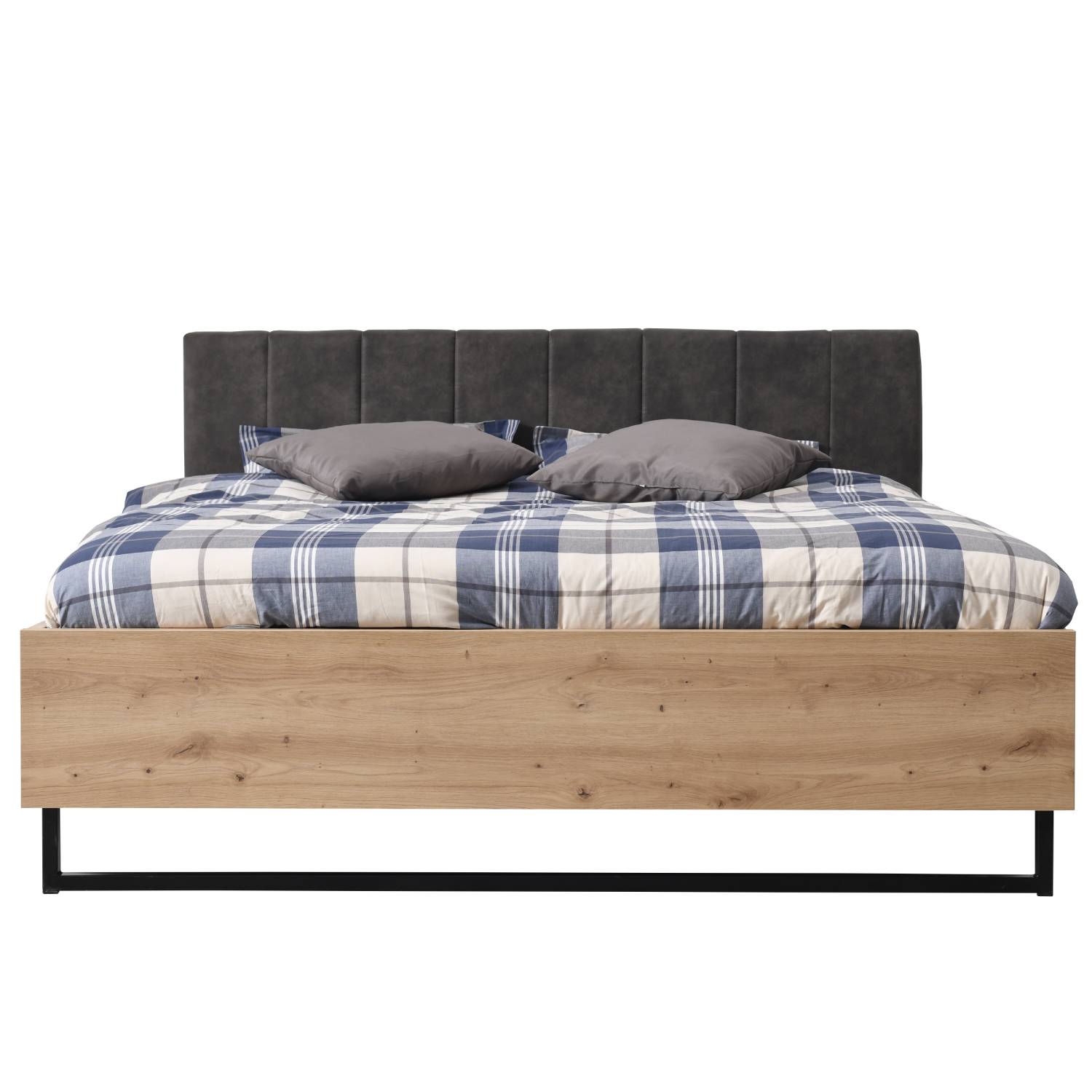 Wooden bed with upholstered headboard 160x200 cm oak und grey | with slatted frame | double fabric bed | industrial style