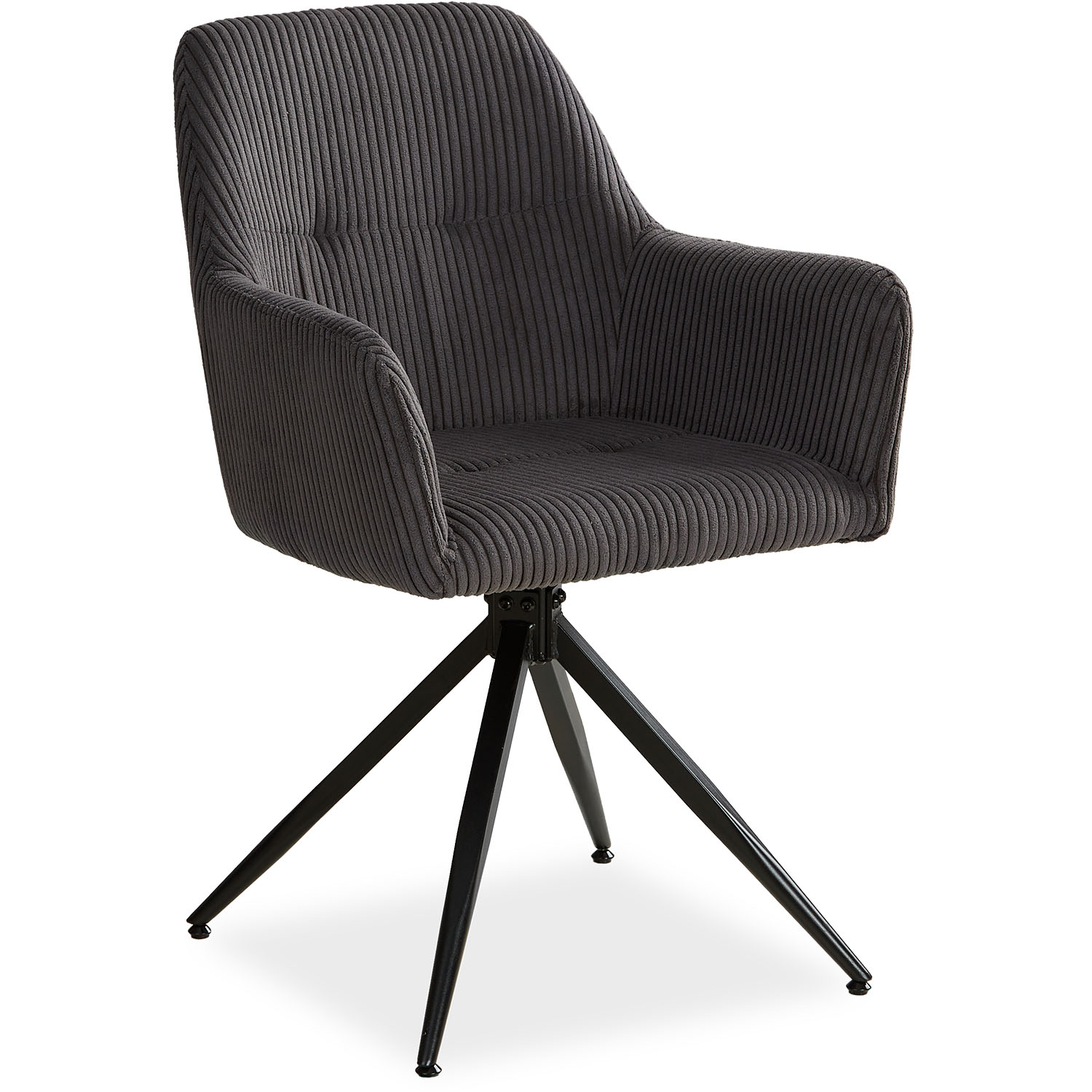 Grey dining chair with soft cord upholstery and black metal base in a modern living room next to a wooden console stylish and comfortable seating for home