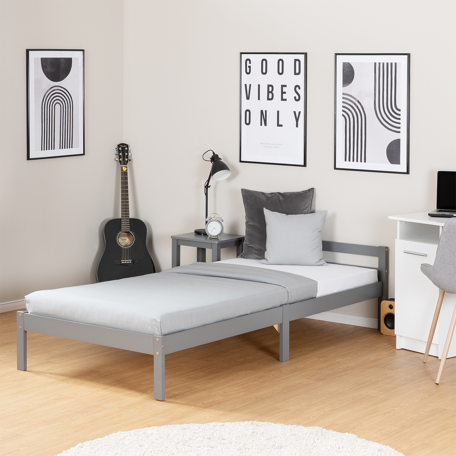 Pallet Bed 90x200 cm Gray | Single Bed | with Slatted Frame | Wood | Kids Youth Guest Bedroom