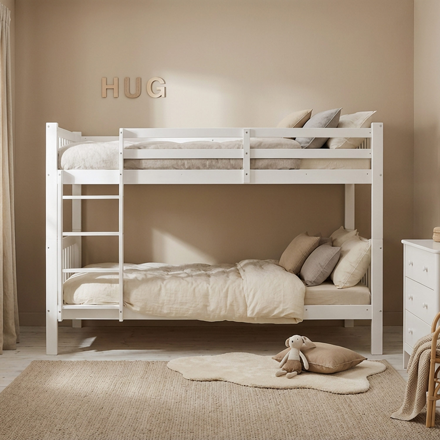 Bunk Bed 90x200 cm White | Kids Bed with Mattress | Fall Protection | Convertible | Massif pine wood