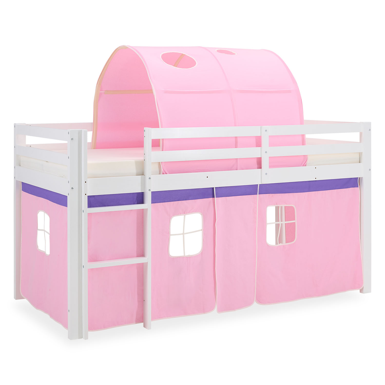 Children's Loft Bed 90x200 cm White with Pink Curtain | Tunnel | Without Slatted Base