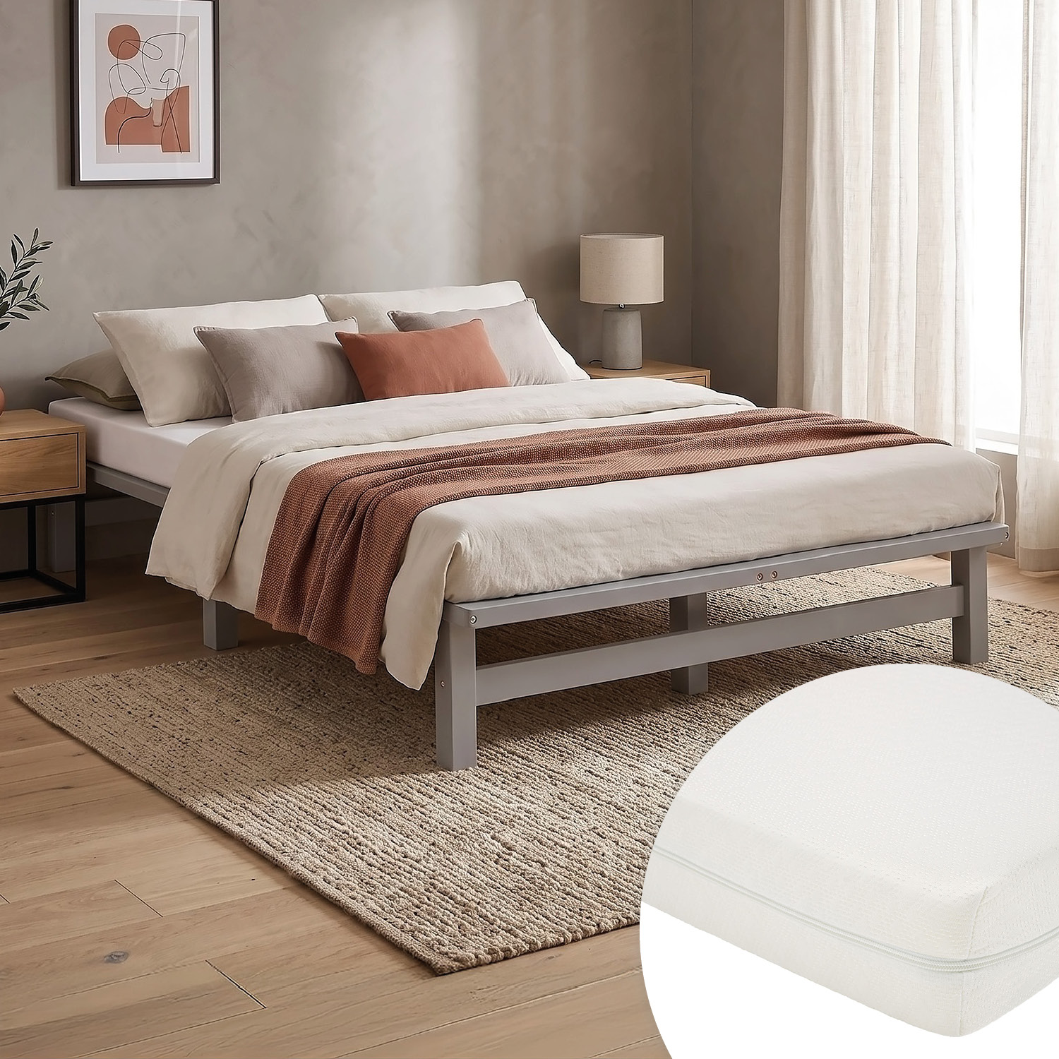 120x200 cm Grey Pallet Bed – Wooden Double Bed with Mattress & Slatted Base for Teen Rooms, Guest Rooms, and Bedrooms