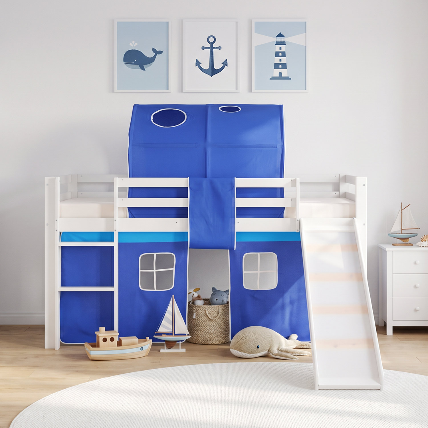 Children's Loft Bed 90x200 cm White with Blue Curtain | Slide | Tunnel | Includes Slatted Base | Includes Mattress