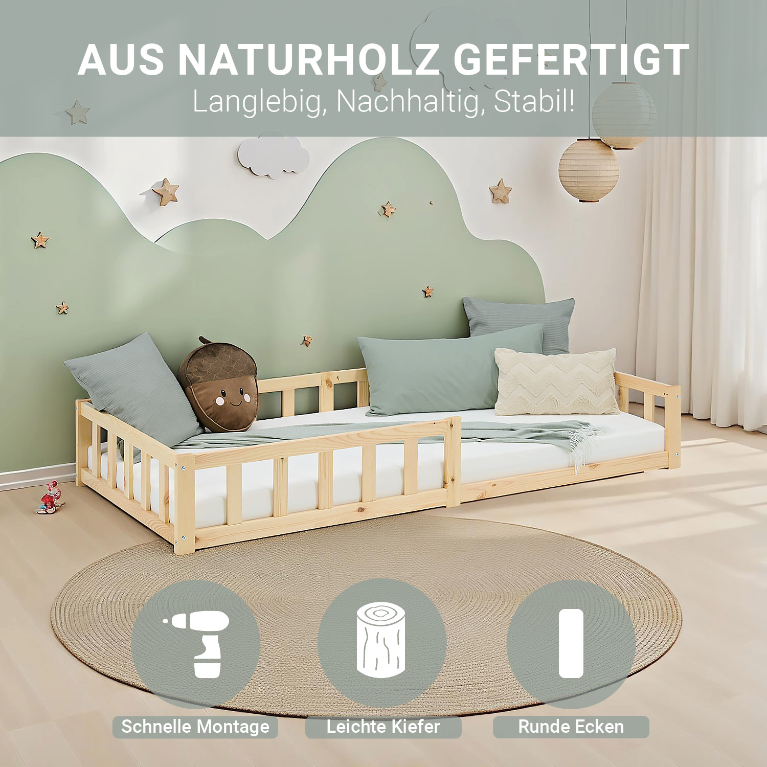 Children's Bed 90x200 Natural | Floor Bed with Mattress & Slatted Frame | with Fall Protection | Montessori
