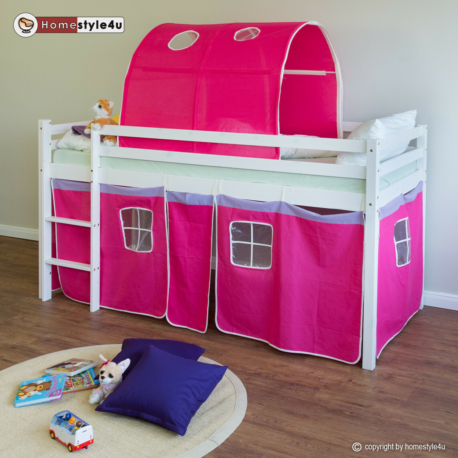 Loft Bed Kids 90x200 cm White with Curtain in Pink | Tunnel | without Slatted Frame